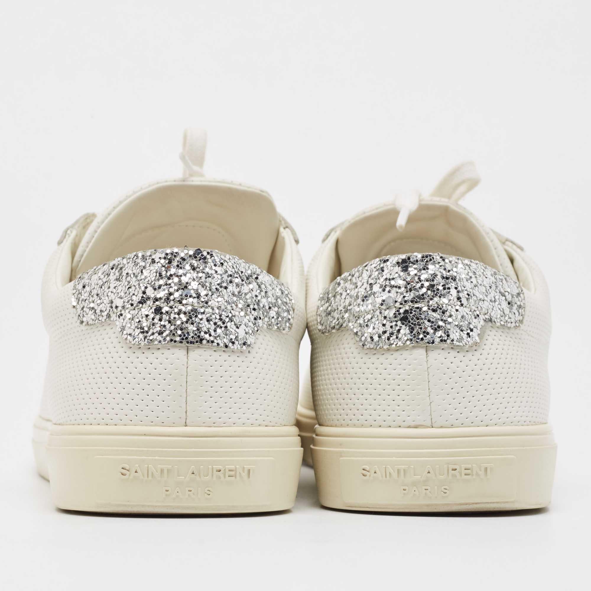 Women's Saint Laurent Silver/White Leather and Glitter Andy Sneakers Size 40