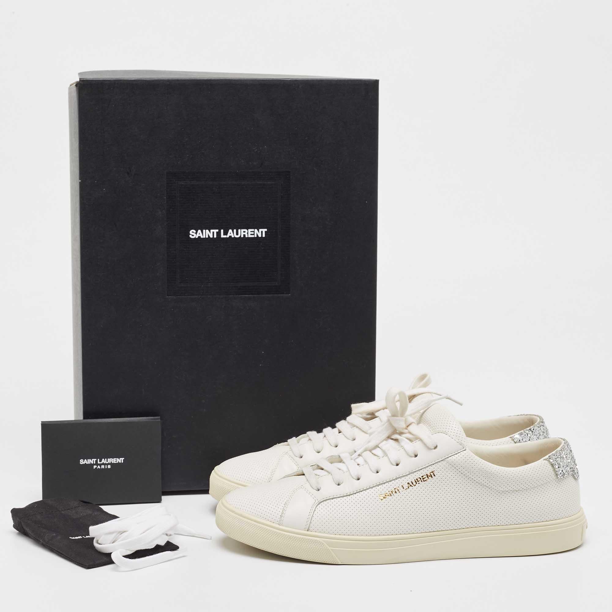 Saint Laurent Silver/White Leather and Glitter Andy Sneakers Size 40 4