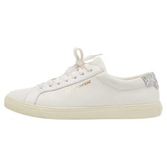 Saint Laurent Silver/White Leather and Glitter Andy Sneakers Size 40