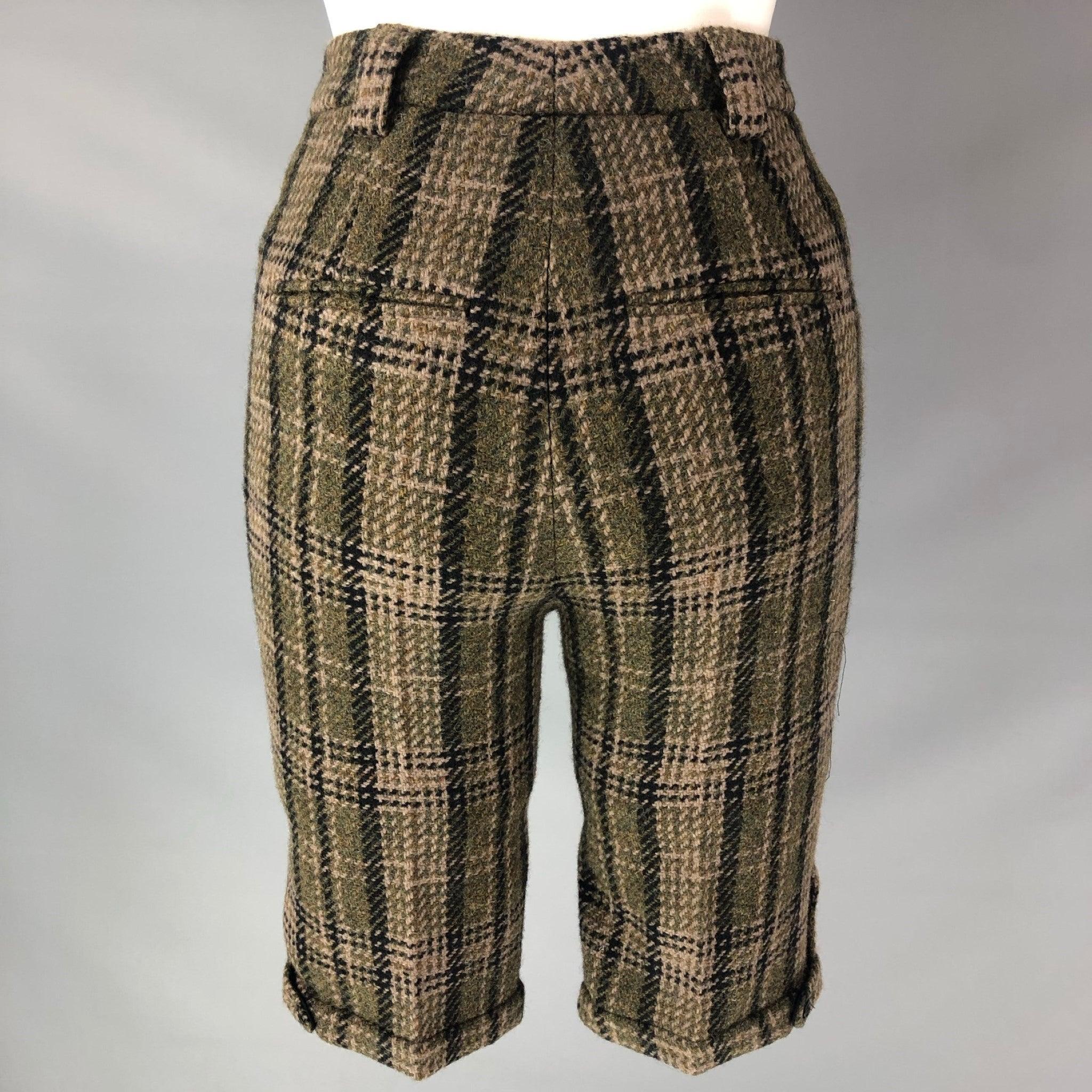 SAINT LAURENT Straight dress casual pants comes in a olive plaid wool, lined featuring Flat Front, two wear faux pockets without button Zip and hook and bar closure. Made in Italy. Very Good Pre-Owned Condition.  
 

 Marked:  no size tags 
 

