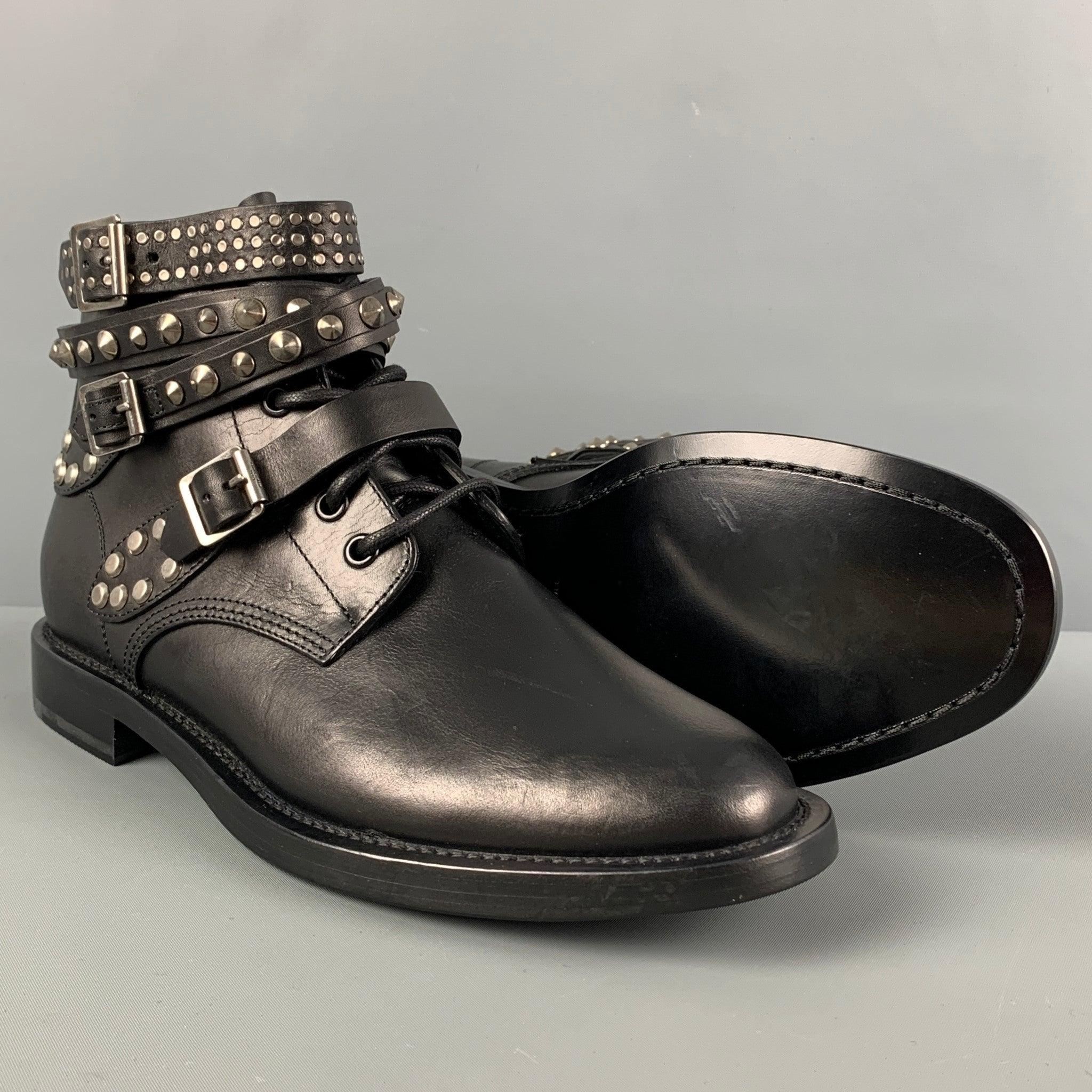 SAINT LAURENT Size 10 Black Leather Studded Ranger Boots In Good Condition For Sale In San Francisco, CA