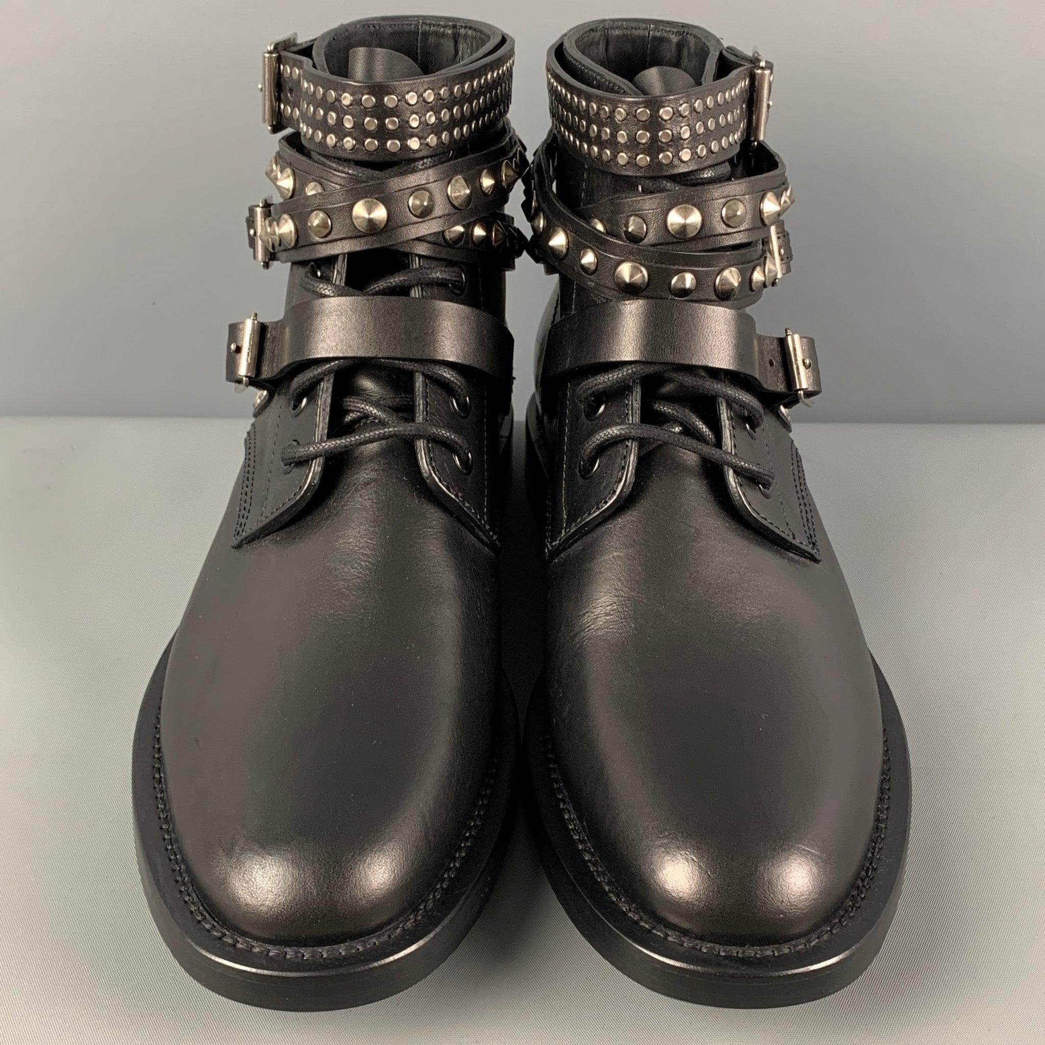 Women's SAINT LAURENT Size 10 Black Leather Studded Ranger Boots For Sale