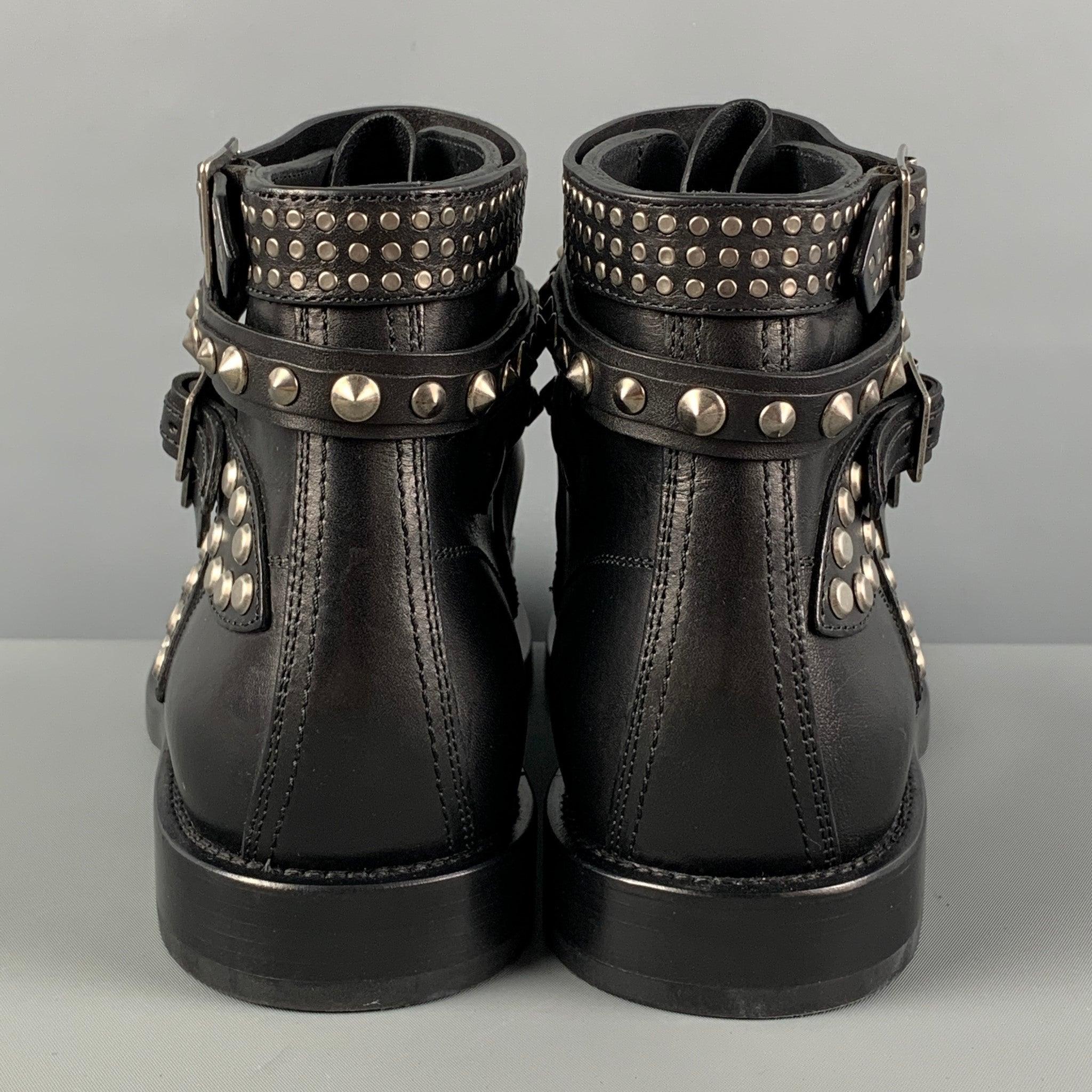SAINT LAURENT Size 10 Black Leather Studded Ranger Boots For Sale 1