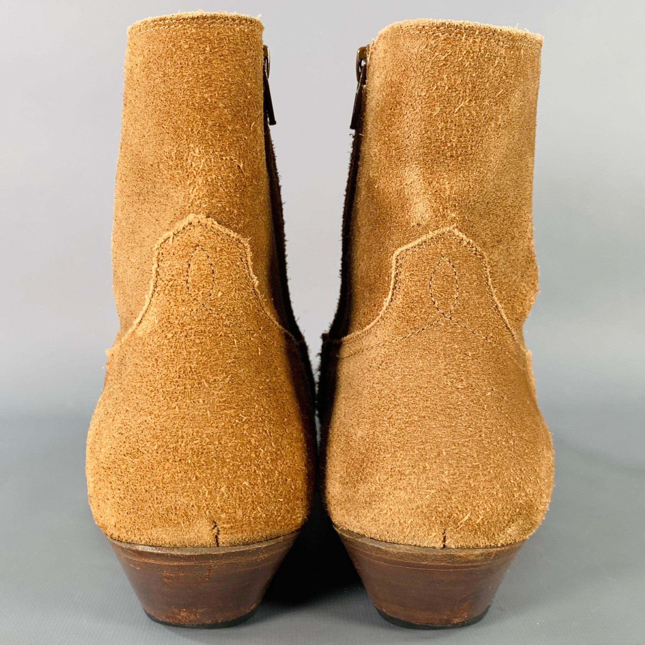 SAINT LAURENT Size 10 Camel Suede Side Zipper Western Cowboy Ankle Boots In Good Condition For Sale In San Francisco, CA