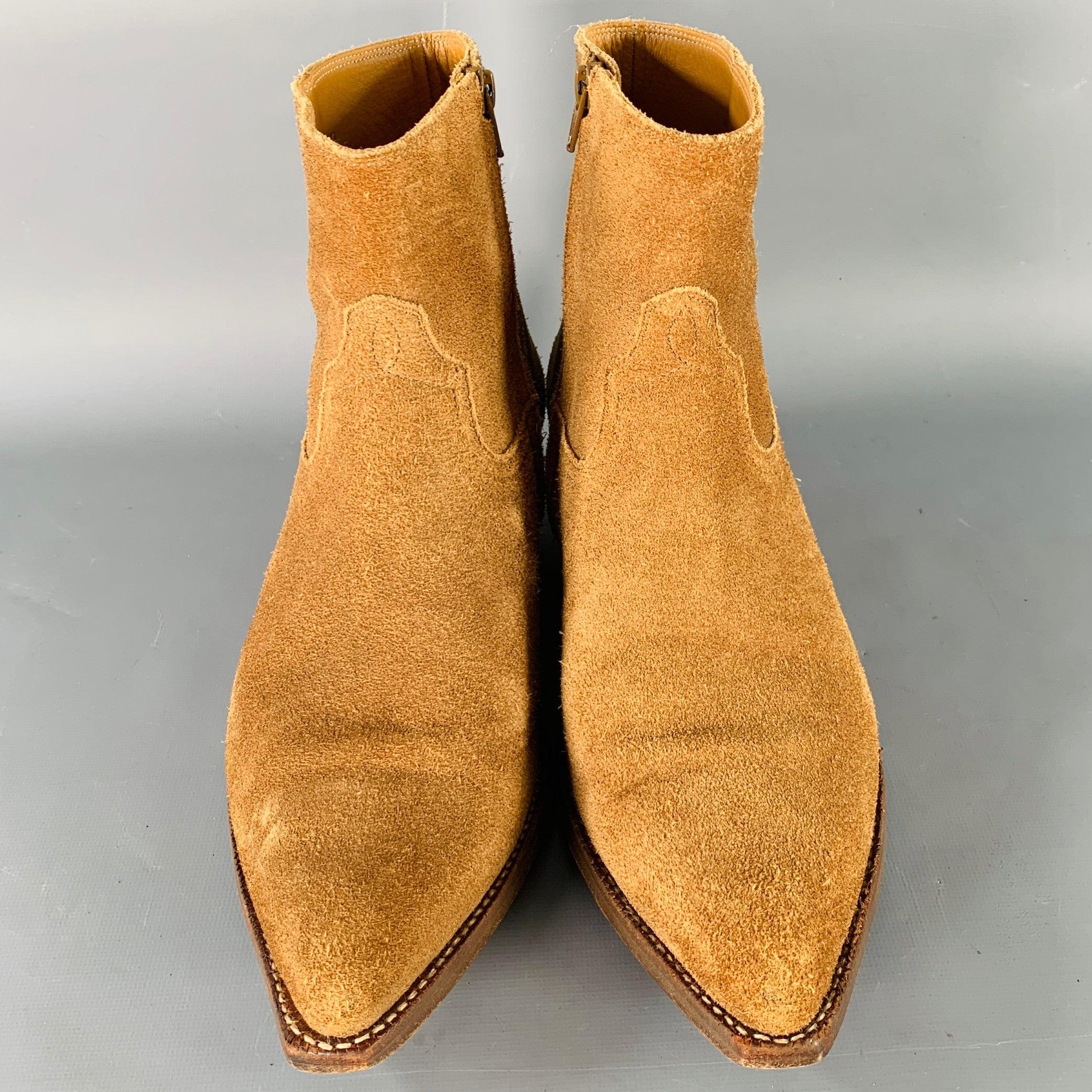 Men's SAINT LAURENT Size 10 Camel Suede Side Zipper Western Cowboy Ankle Boots For Sale