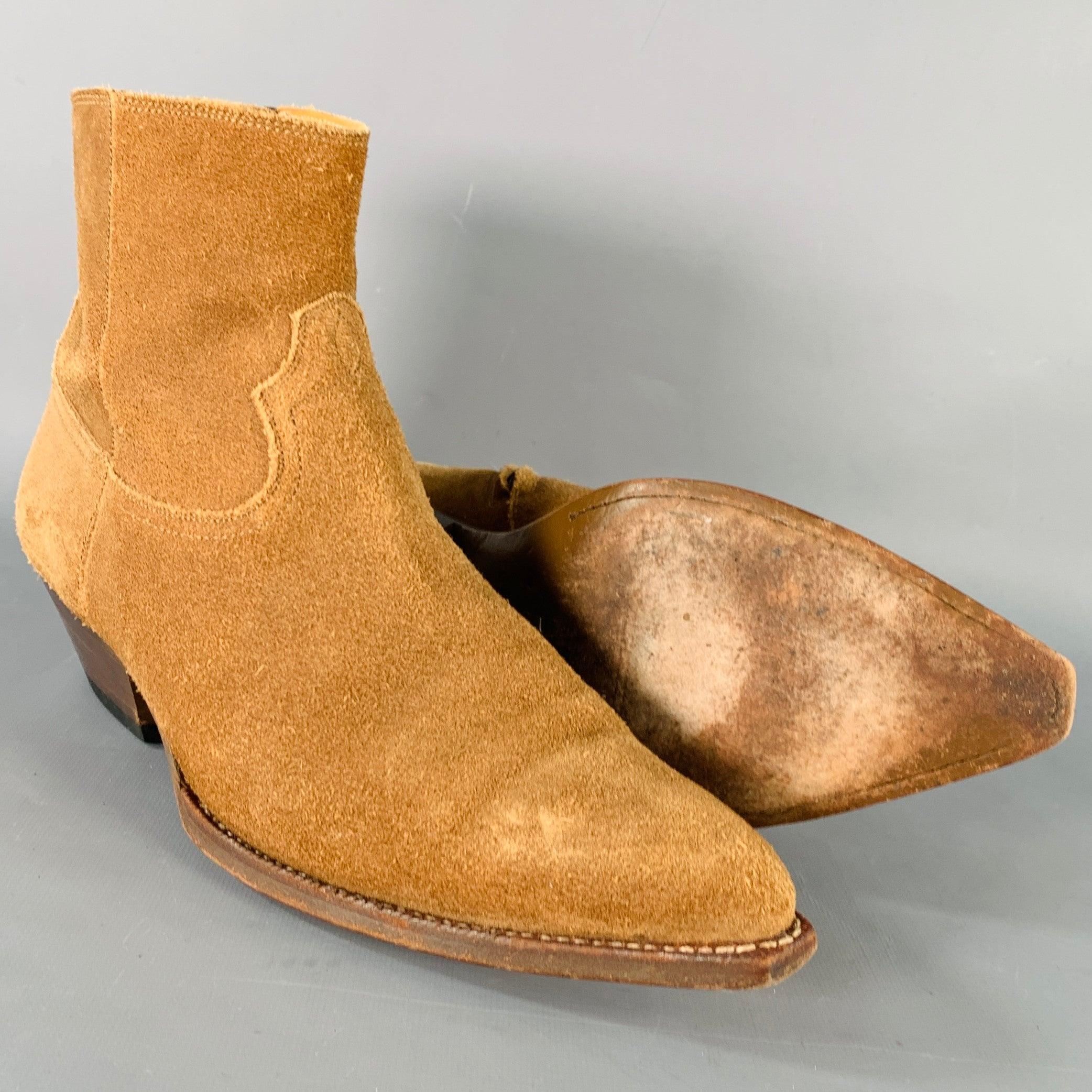 SAINT LAURENT Size 10 Camel Suede Side Zipper Western Cowboy Ankle Boots For Sale 1
