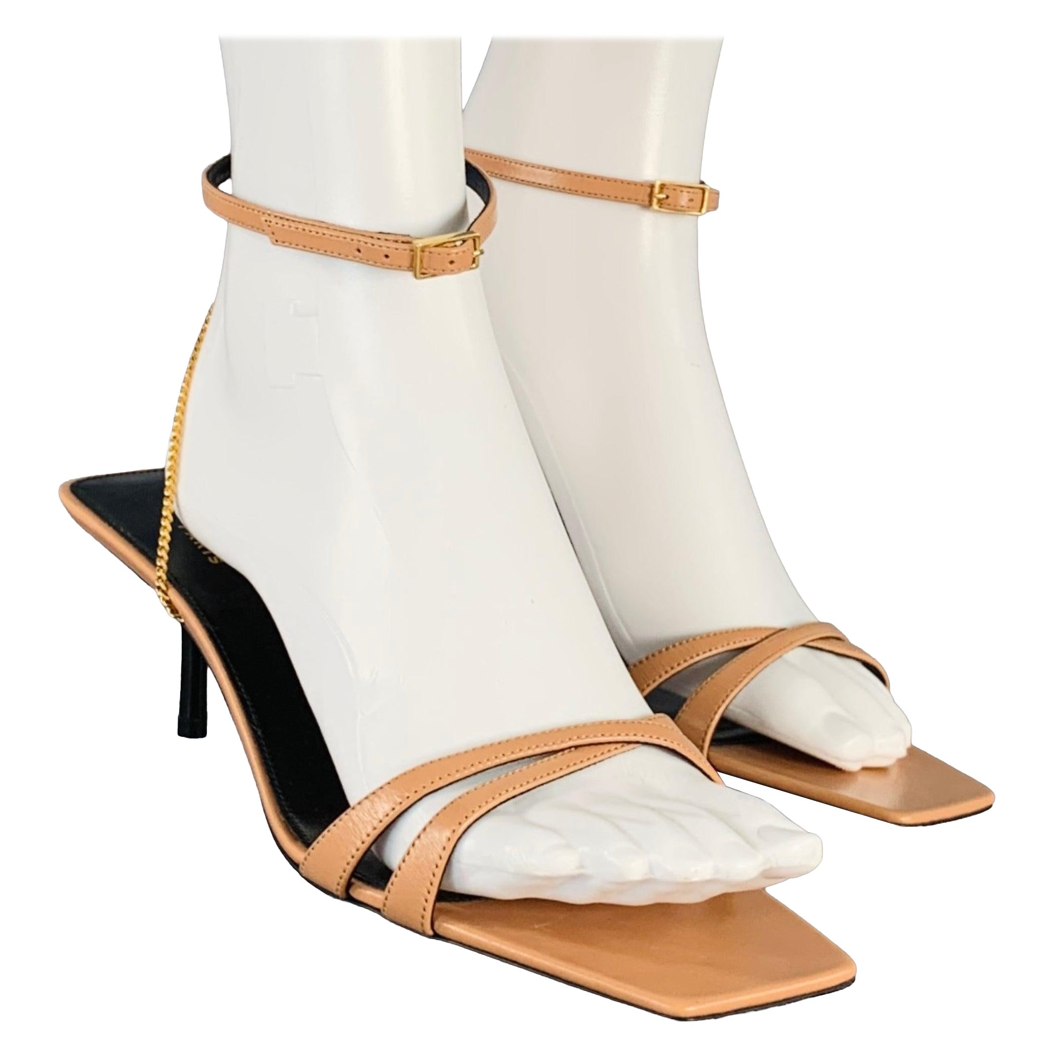 SAINT LAURENT Size 10 Melody Tan Leather Chain Ankle Strap Kitten Heel Sandals For Sale
