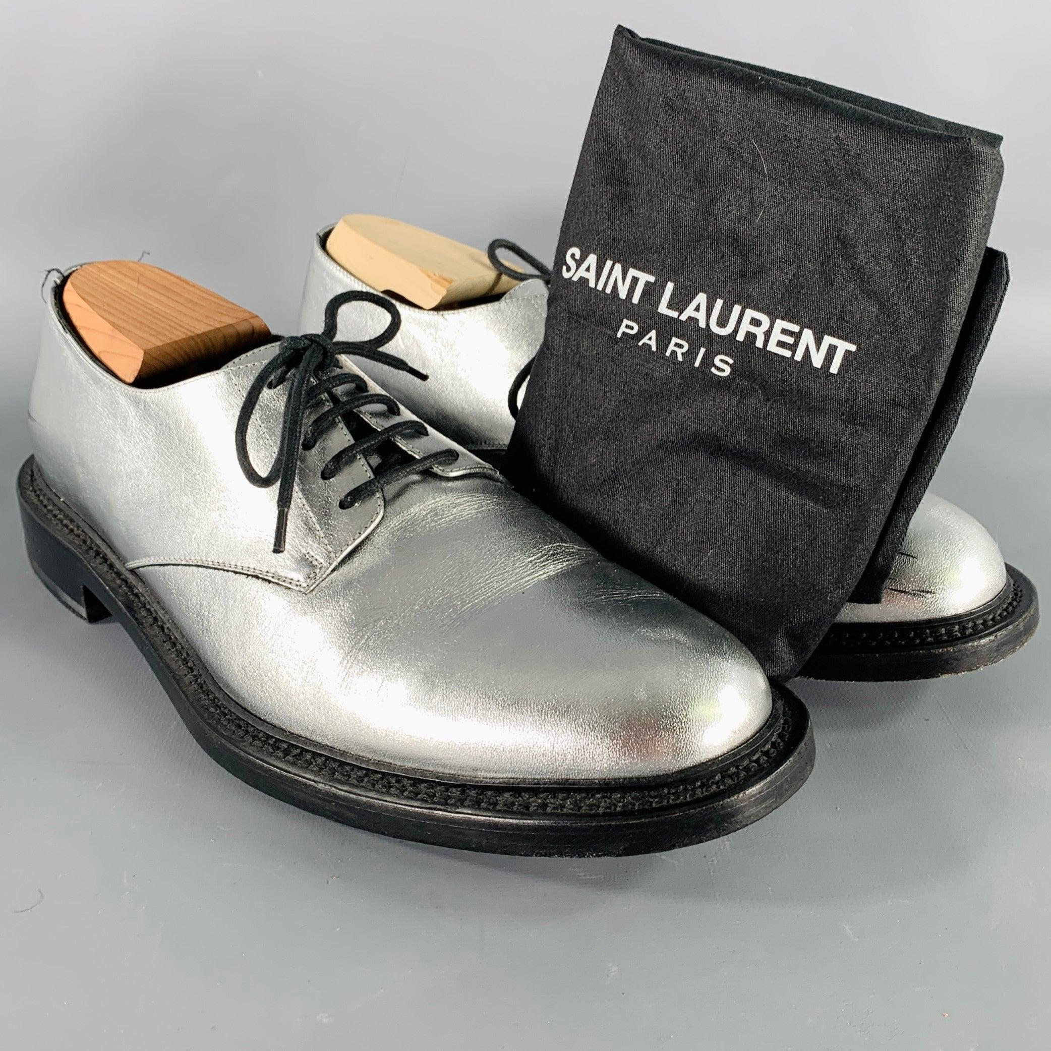 SAINT LAURENT Size 10 Silver Metallic Leather Derby Lace-Up Shoes For Sale 6