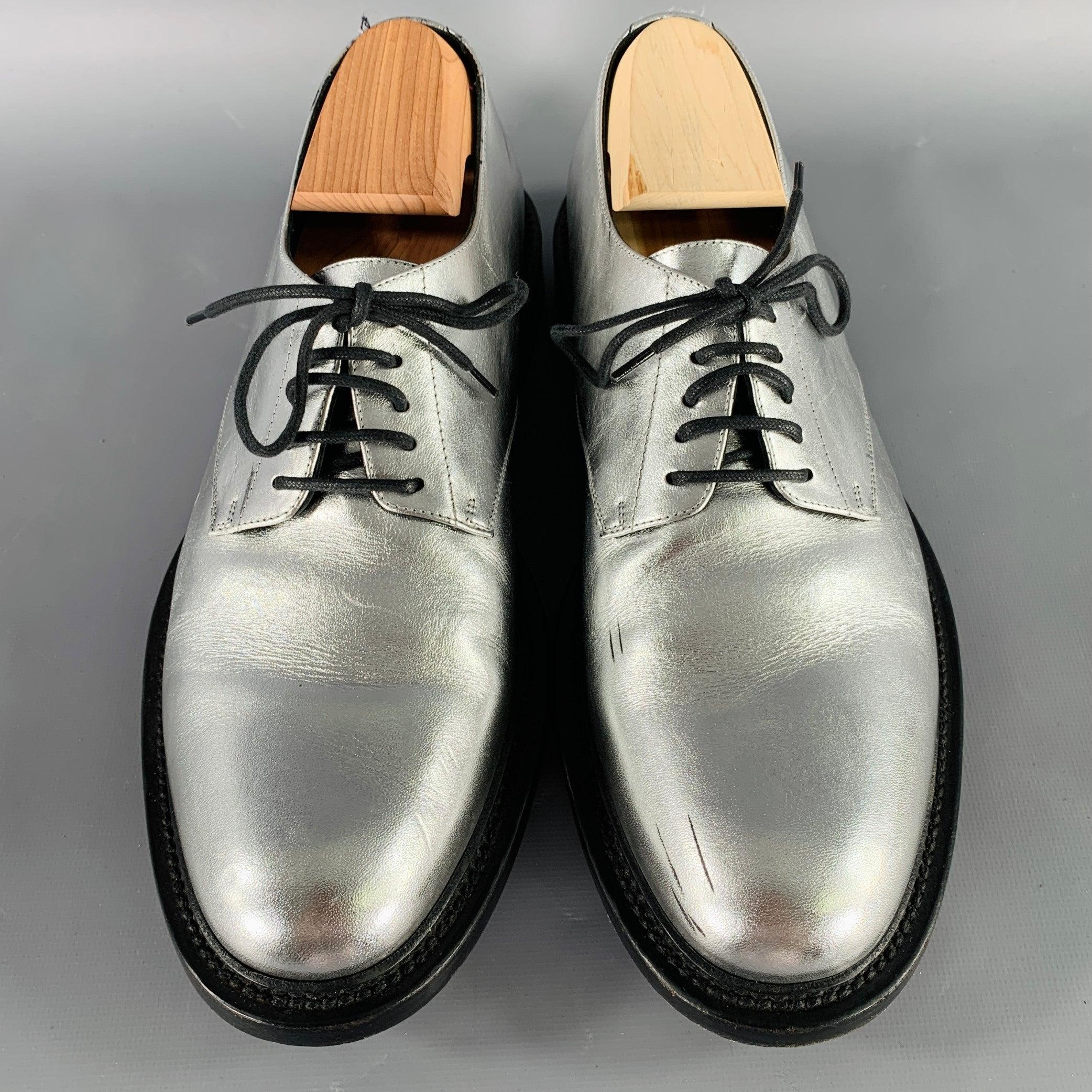 Men's SAINT LAURENT Size 10 Silver Metallic Leather Derby Lace-Up Shoes For Sale