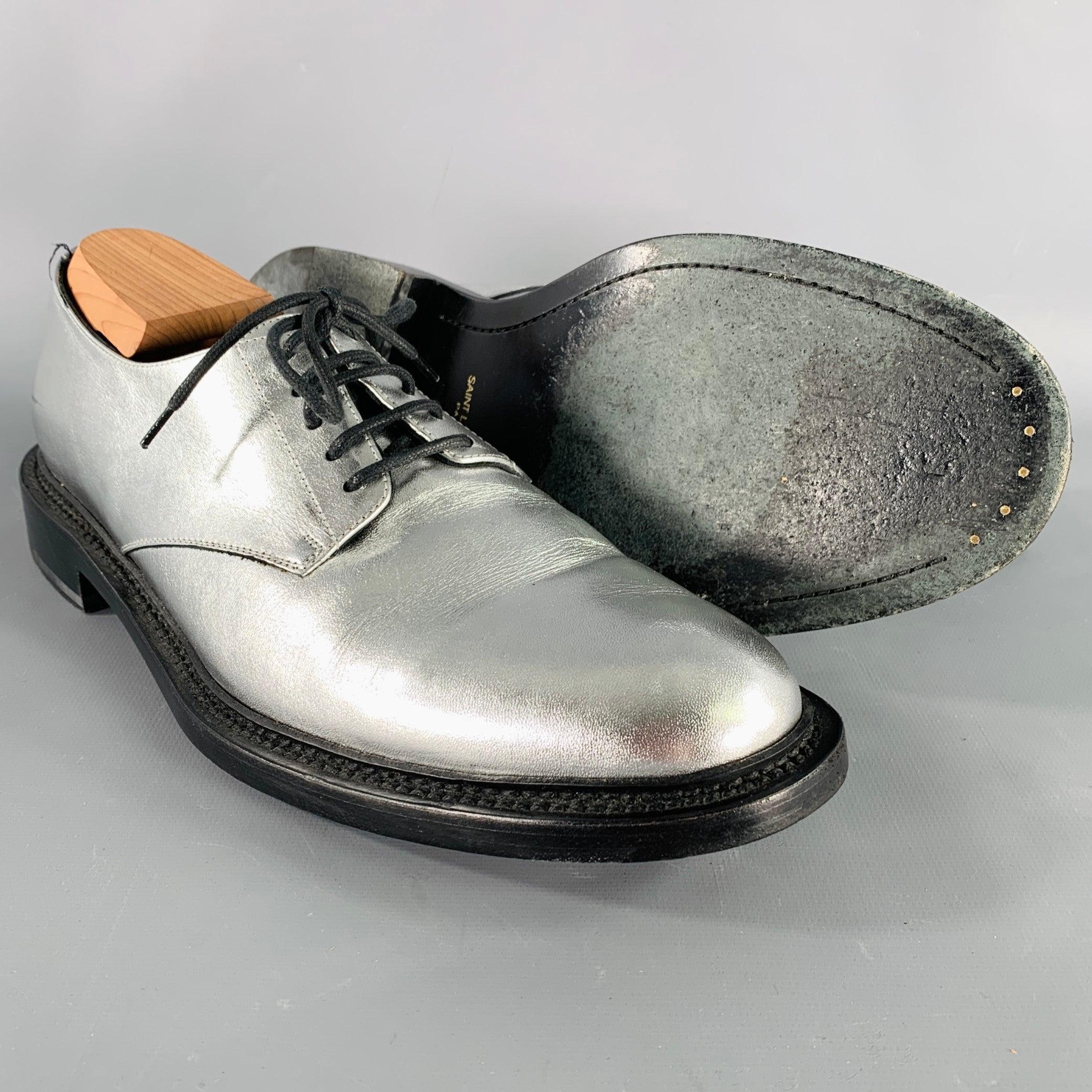 SAINT LAURENT Size 10 Silver Metallic Leather Derby Lace-Up Shoes For Sale 1