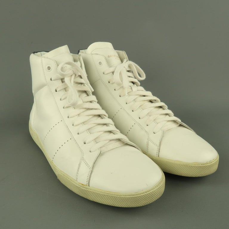 SAINT LAURENT Size 10 White and Navy Leather High Top SL/06M Sneakers ...