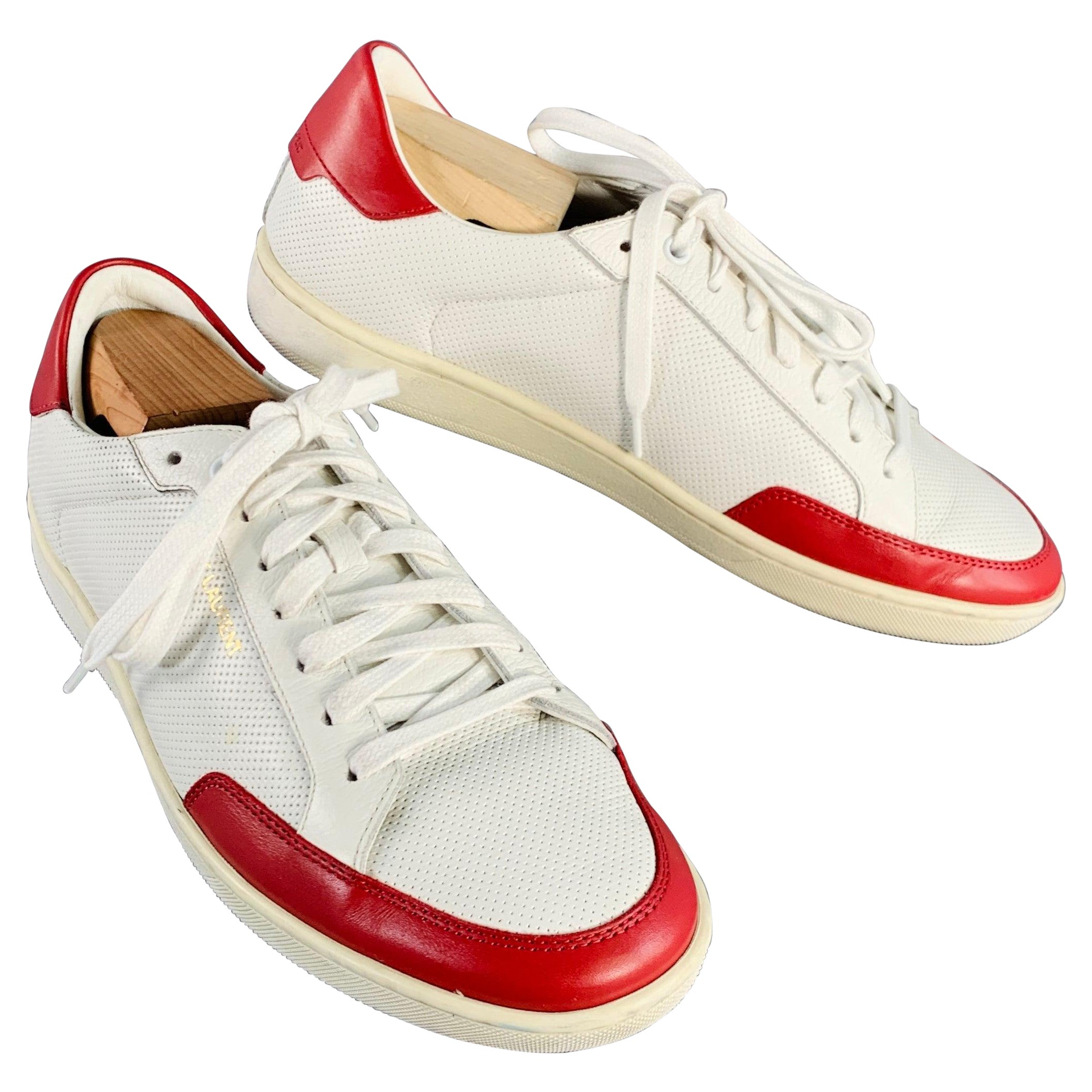 SAINT LAURENT Size 10 White Red Perforated Leather Color Block Low Top Sneakers