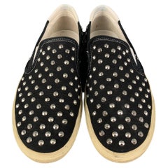 Used SAINT LAURENT Size 11 Black White Studded Canvas Slip On Sneakers