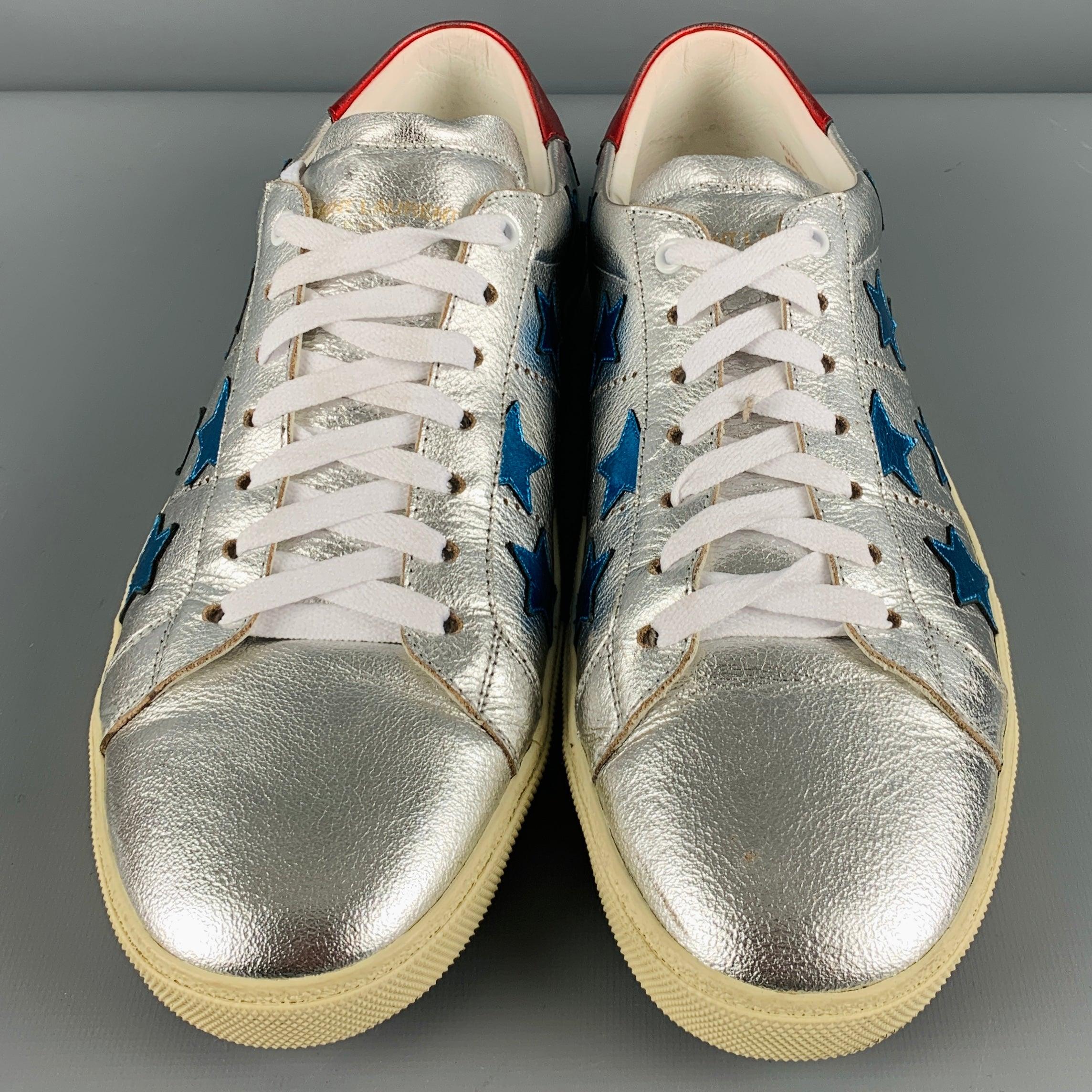 SAINT LAURENT Size 11 Silver Blue Stars Leather Low Top Sneakers In Good Condition In San Francisco, CA