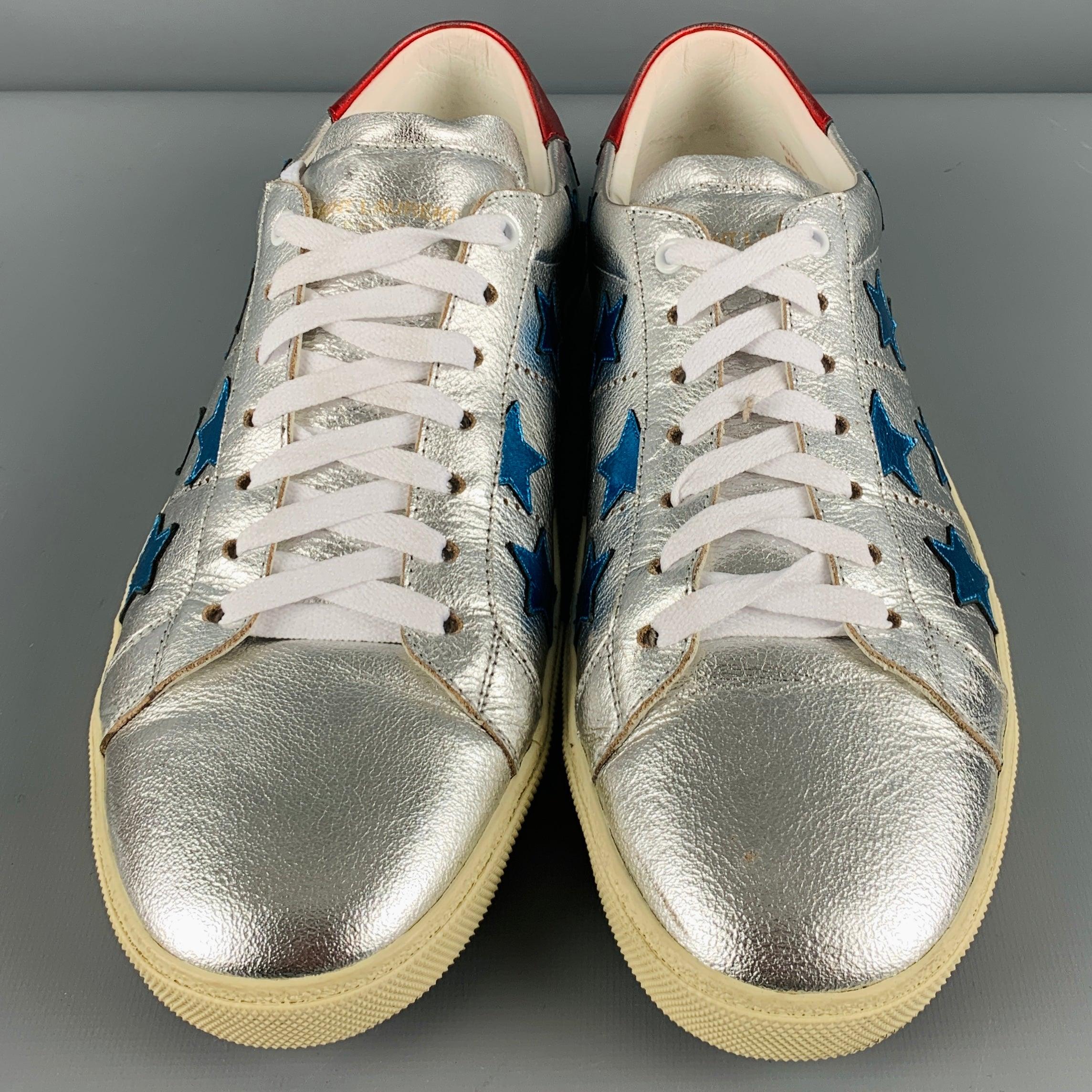 Men's SAINT LAURENT Size 11 Silver Blue Stars Leather Low Top Sneakers For Sale