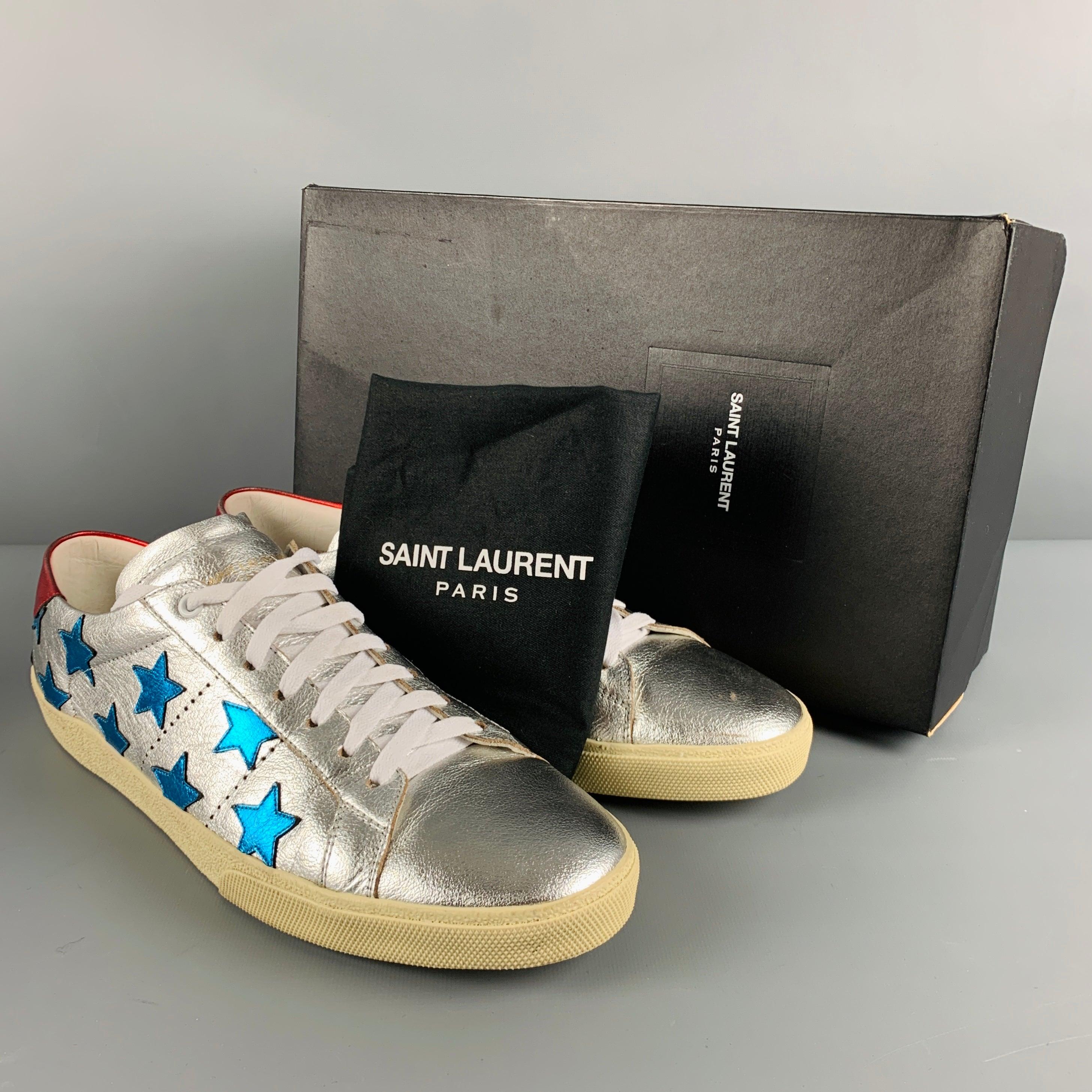 SAINT LAURENT Size 11 Silver Blue Stars Leather Low Top Sneakers For Sale 5