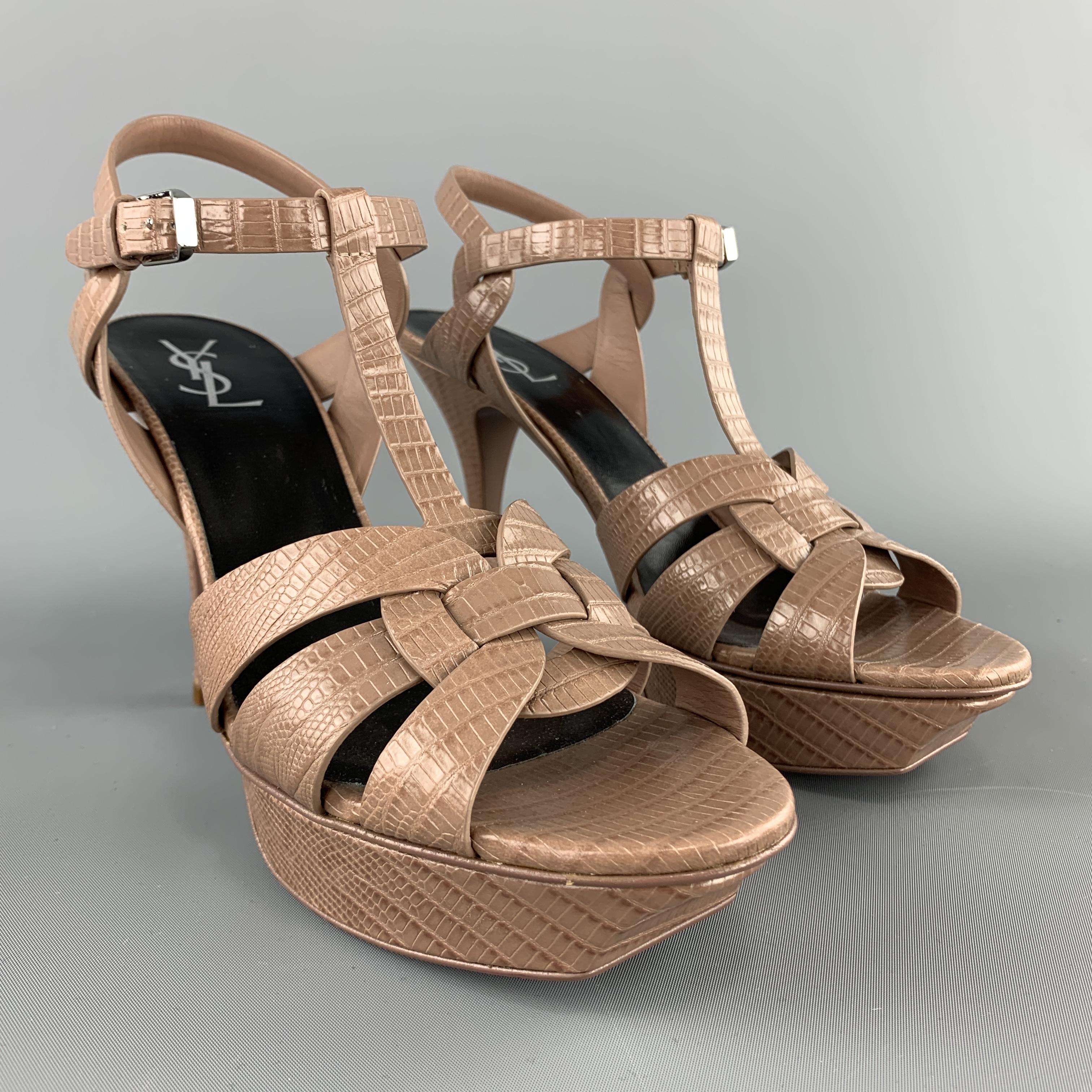 Brown SAINT LAURENT Size 11 Taupe Textured Leather TRIBUTE Platform Sandals