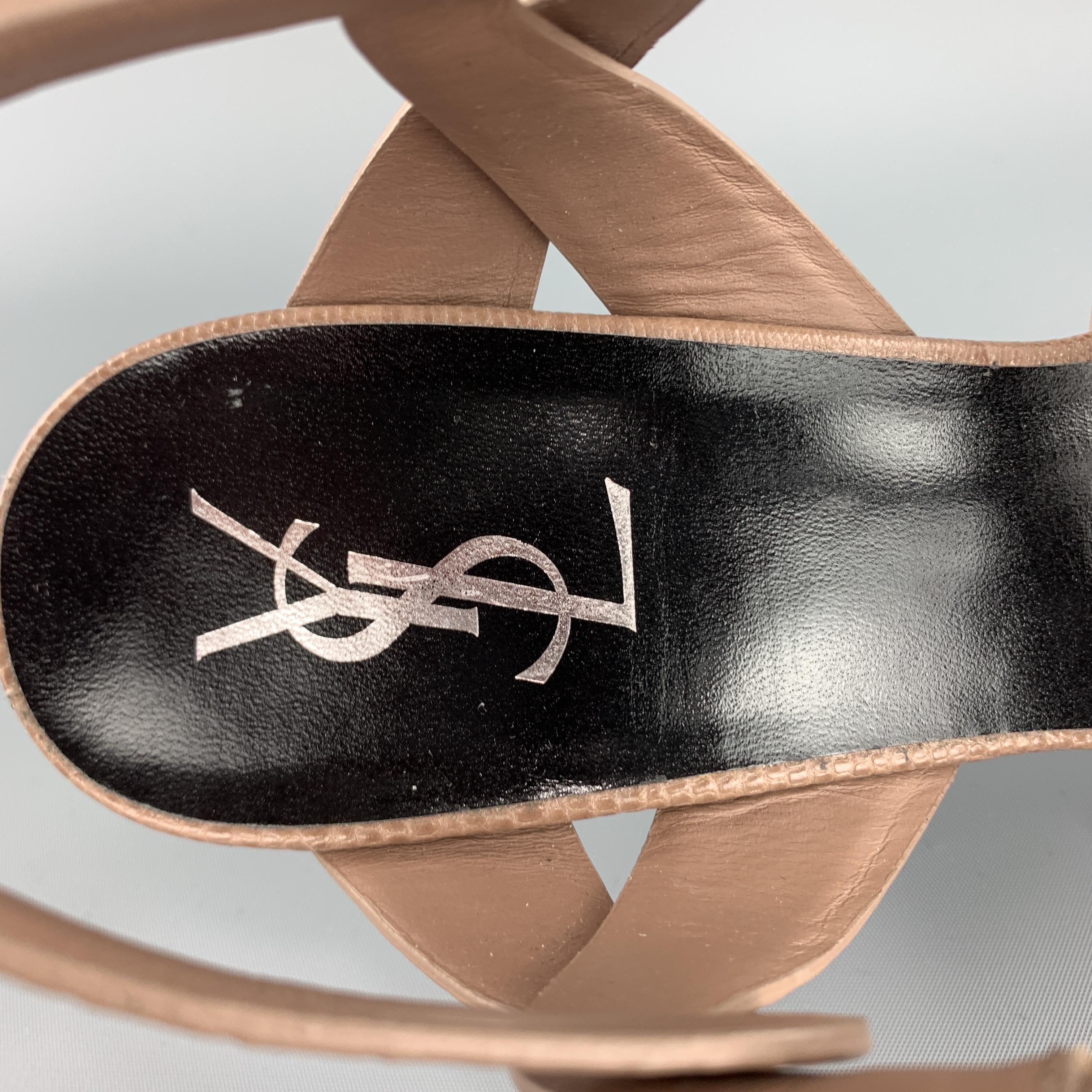 Women's SAINT LAURENT Size 11 Taupe Textured Leather TRIBUTE Platform Sandals