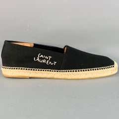 SAINT LAURENT Size 12 Black Natural Embroidered Logo Canvas Espadrille Sneakers
