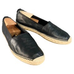 SAINT LAURENT Size 12 Black Natural Logo Leather Espadrille Sneakers