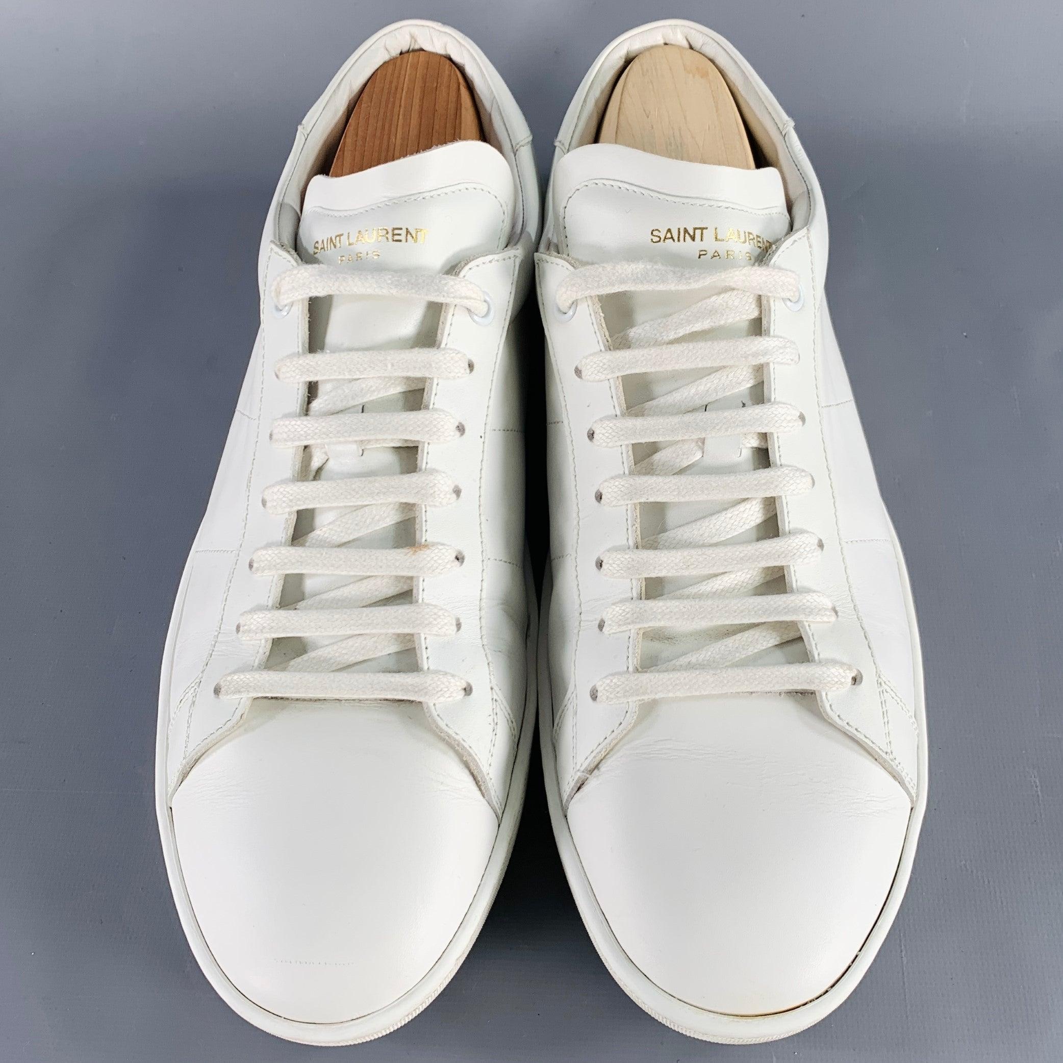 SAINT LAURENT Size 12 White Leather Low Top Sneakers In Good Condition For Sale In San Francisco, CA
