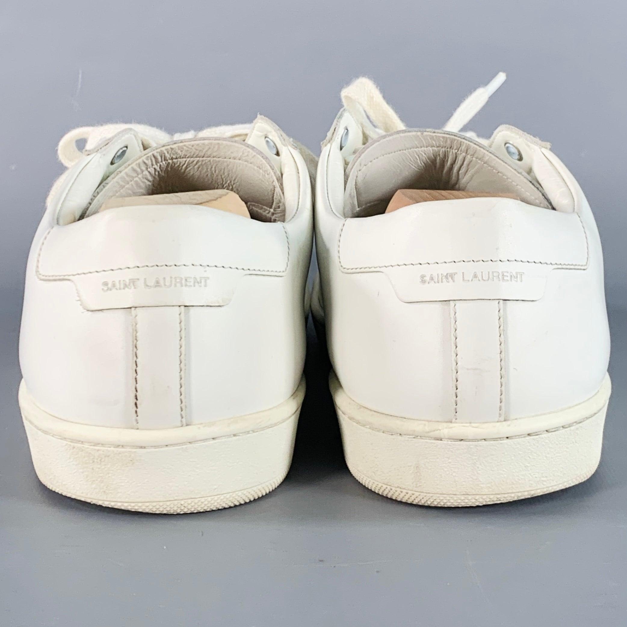 SAINT LAURENT Talla 15 Zapatillas bajas de piel blanca con cordones Gris en venta