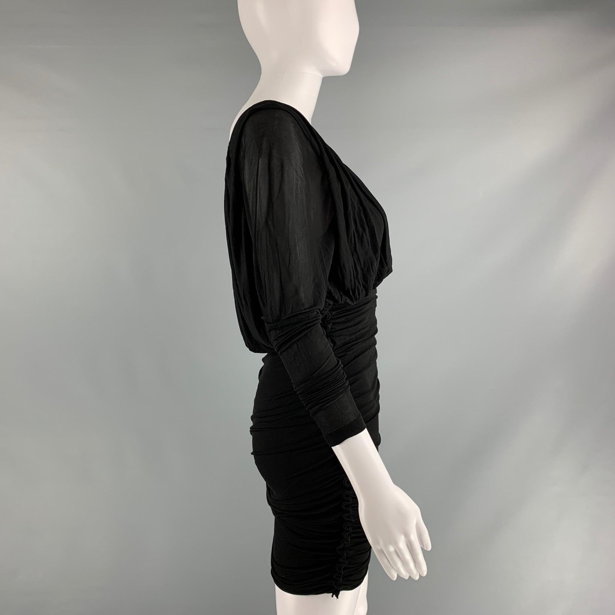 SAINT LAURENT Size 2 Black Cupro Ruched Long Sleeve Mini Cocktail Dress In Excellent Condition For Sale In San Francisco, CA