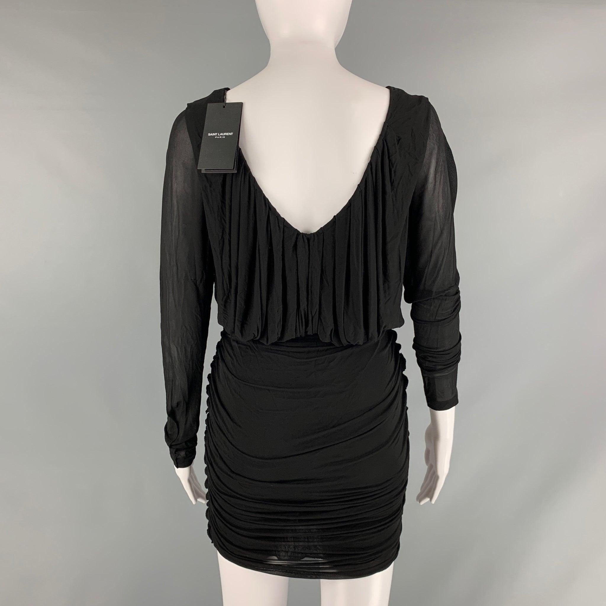 Women's SAINT LAURENT Size 2 Black Cupro Ruched Long Sleeve Mini Cocktail Dress For Sale