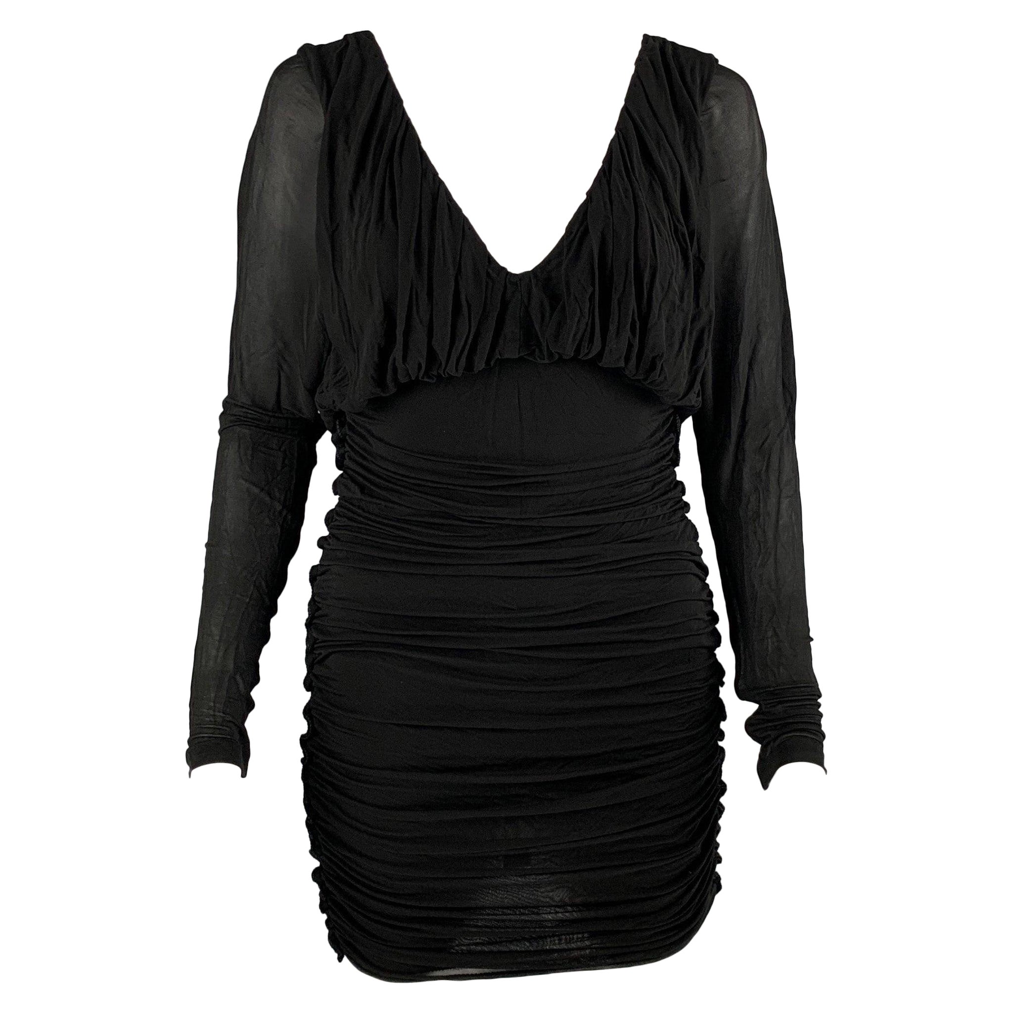 SAINT LAURENT Größe 2 Schwarzes gerafftes langärmeliges Mini-Cocktailkleid mit Cupro-Rüschen