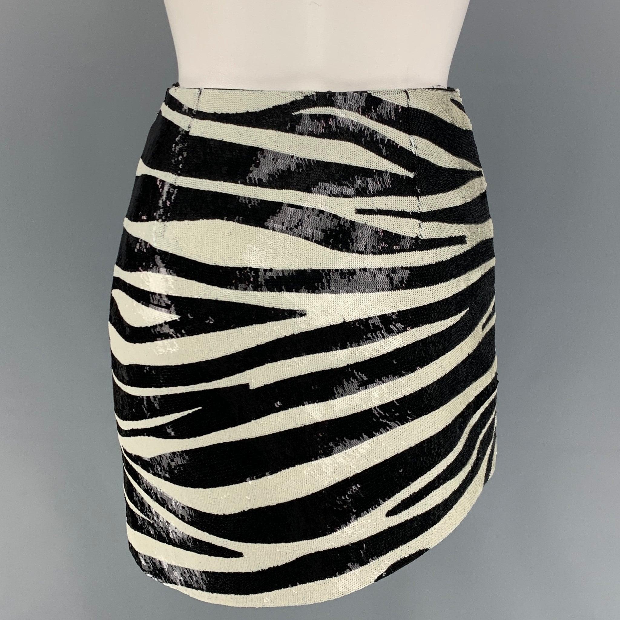SAINT LAURENT Size 2 Cream Zebra Print Acetate Viscose Sequined Mini Skirt In Good Condition For Sale In San Francisco, CA