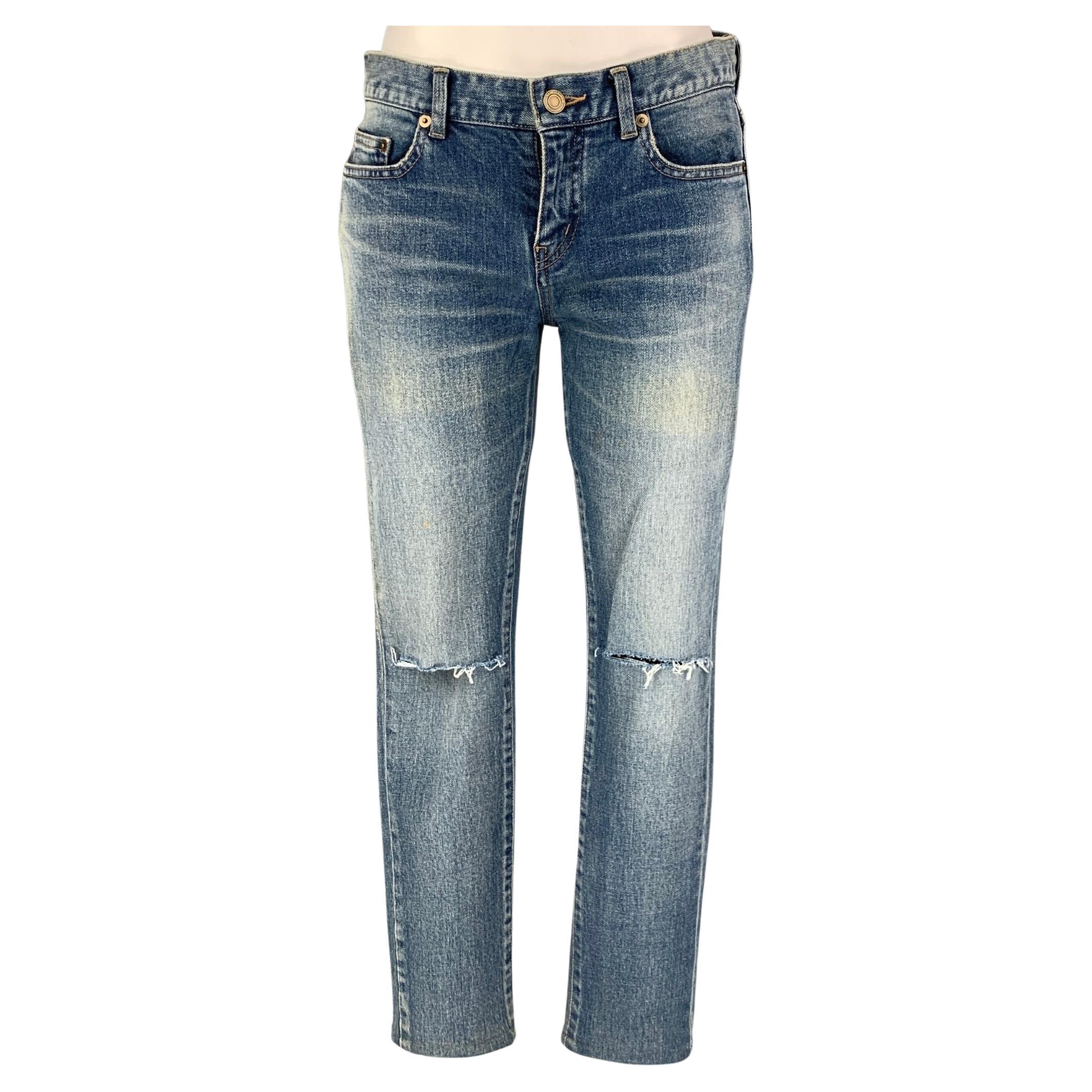 SAINT LAURENT Size 27 Blue Cotton Distressed Skinny Jeans For Sale at  1stDibs