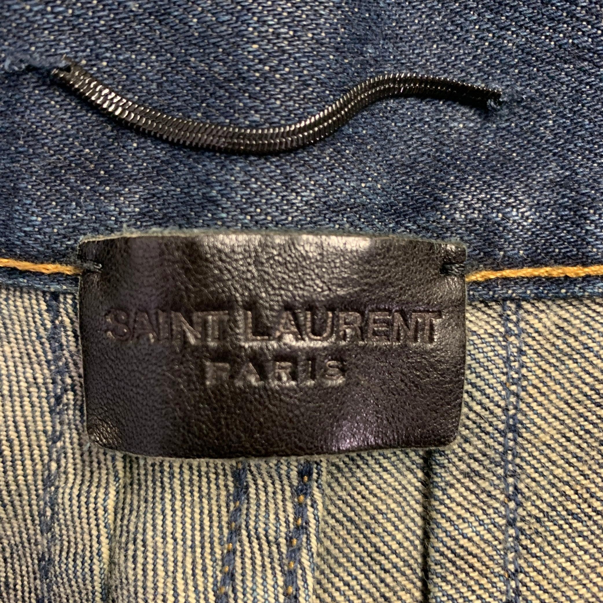 SAINT LAURENT Size 30 Blue Contrast Stitch Cotton Blend Straight Jeans In Excellent Condition For Sale In San Francisco, CA