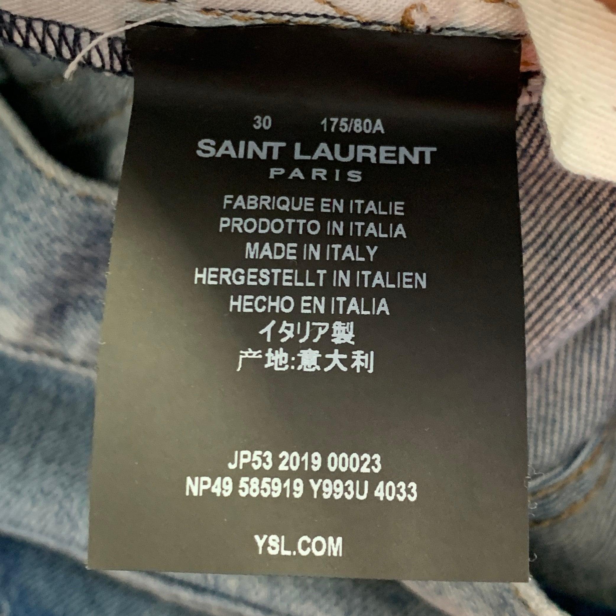 SAINT LAURENT Taille 30 Bleu Distressed Cotton Blend Twill Slim Tapered Jeans en vente 2