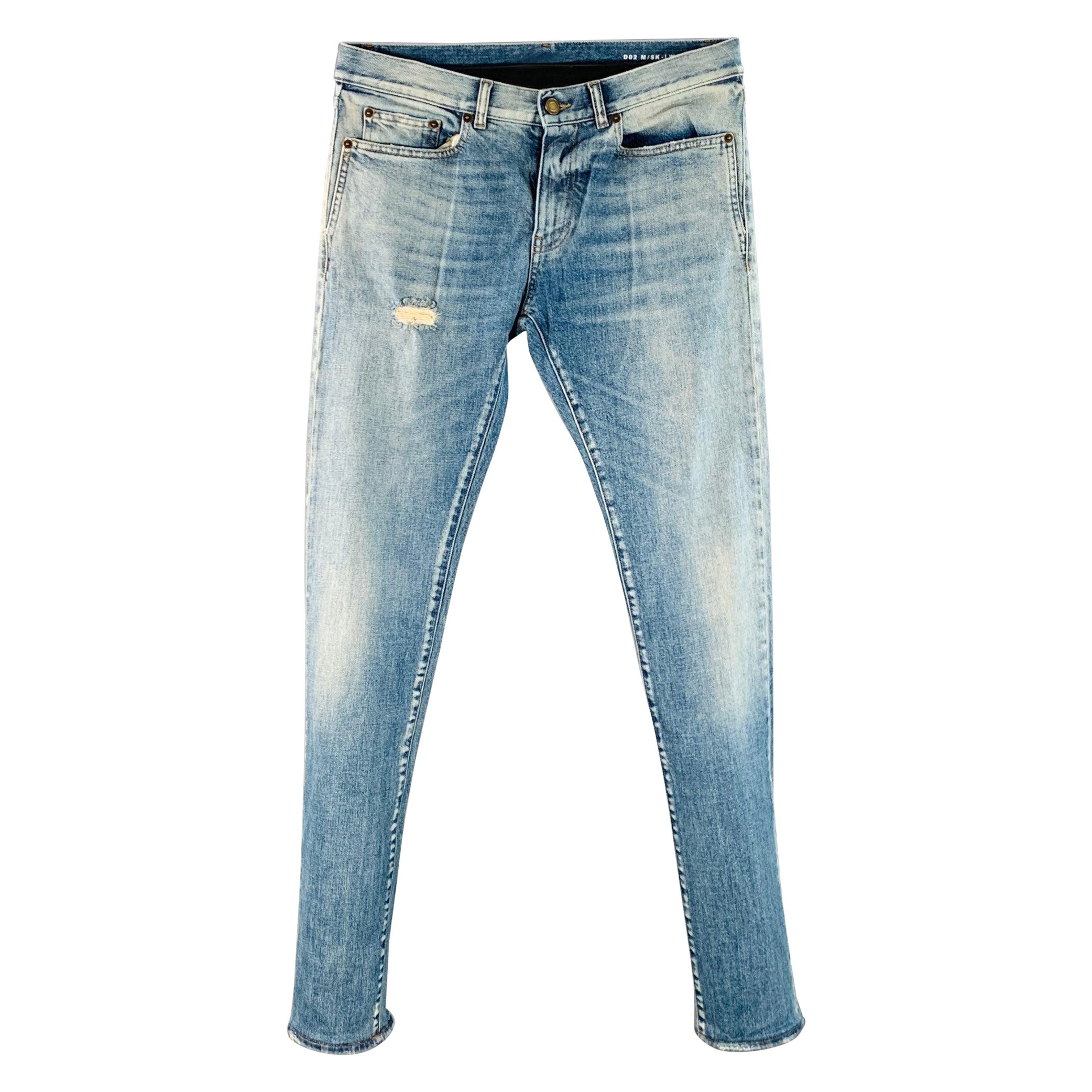 SAINT LAURENT Size 30 Blue Distressed Cotton Blend Twill Slim Tapered Jeans