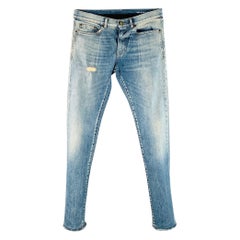 SAINT LAURENT Size 30 Blue Distressed Cotton Blend Twill Slim Tapered Jeans