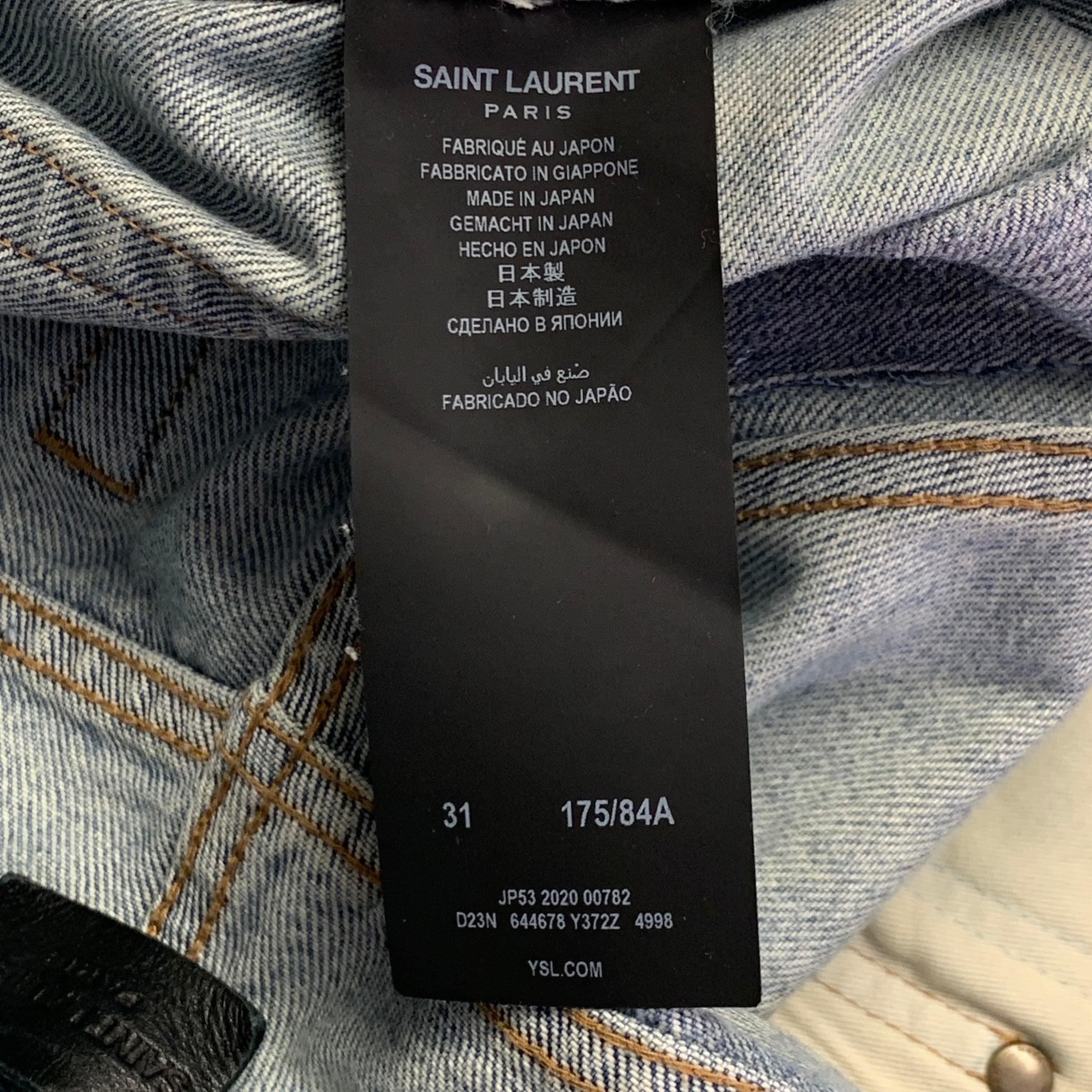SAINT LAURENT Taille 31 Bleu Distressed Cotton Tapered Zip Fly Jeans en vente 2