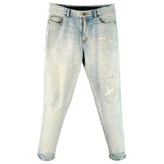 SAINT LAURENT Size 31 Blue Distressed Cotton Tapered Zip Fly Jeans