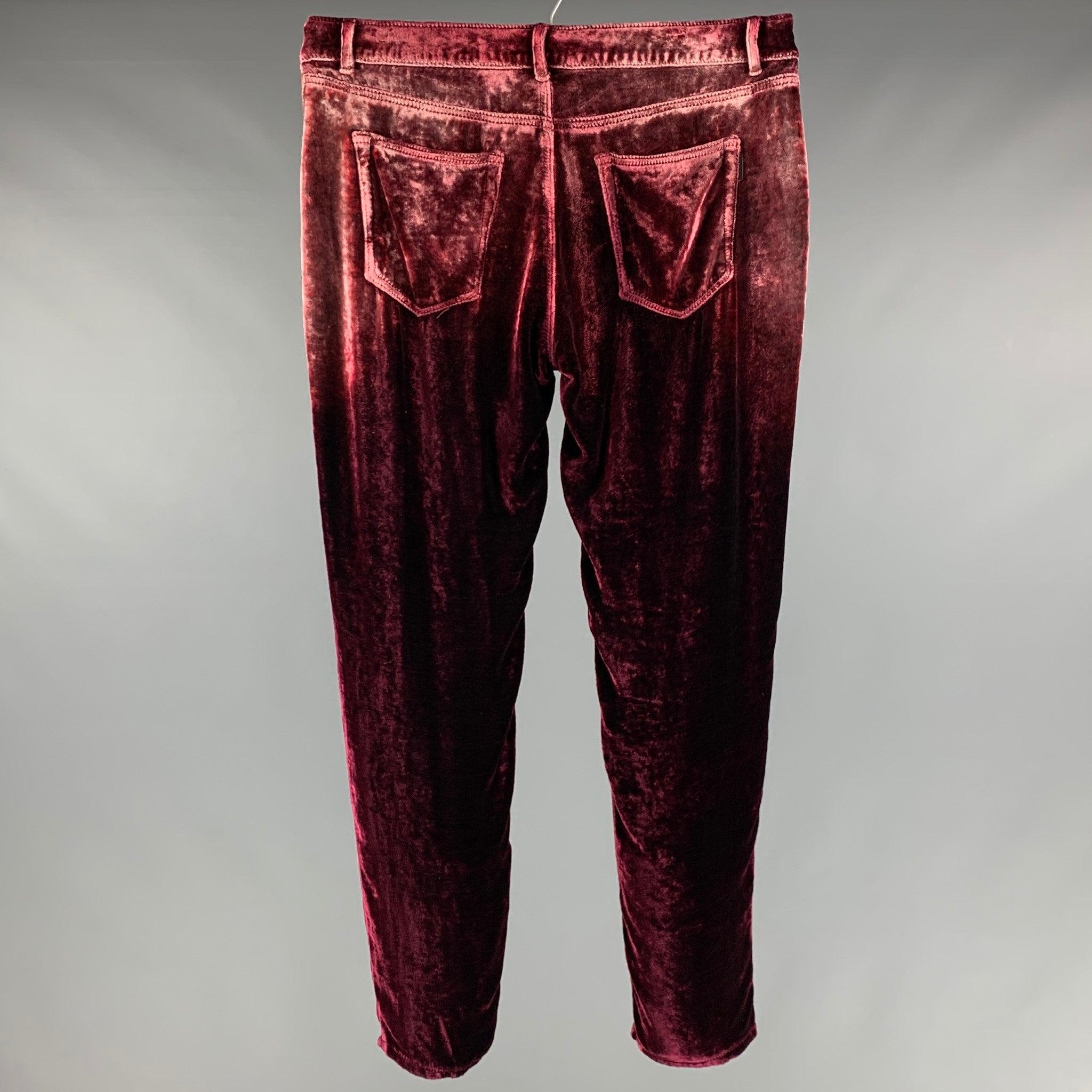 SAINT LAURENT Size 33 Burgundy Velvet Viscose Silk Jean Cut Casual Pants In Good Condition For Sale In San Francisco, CA