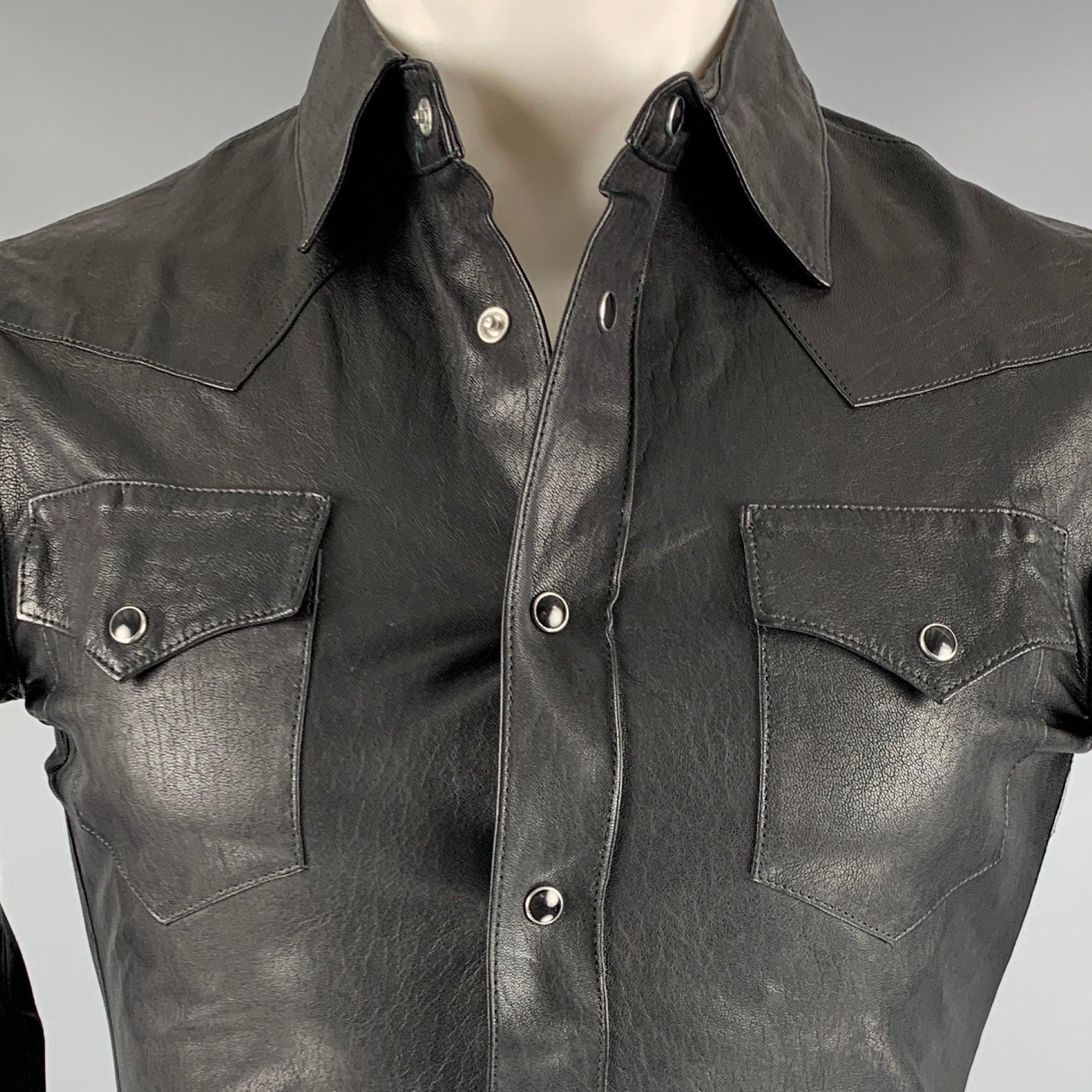 Men's SAINT LAURENT Size 34 Black Leather Western Long Sleeve Shirt