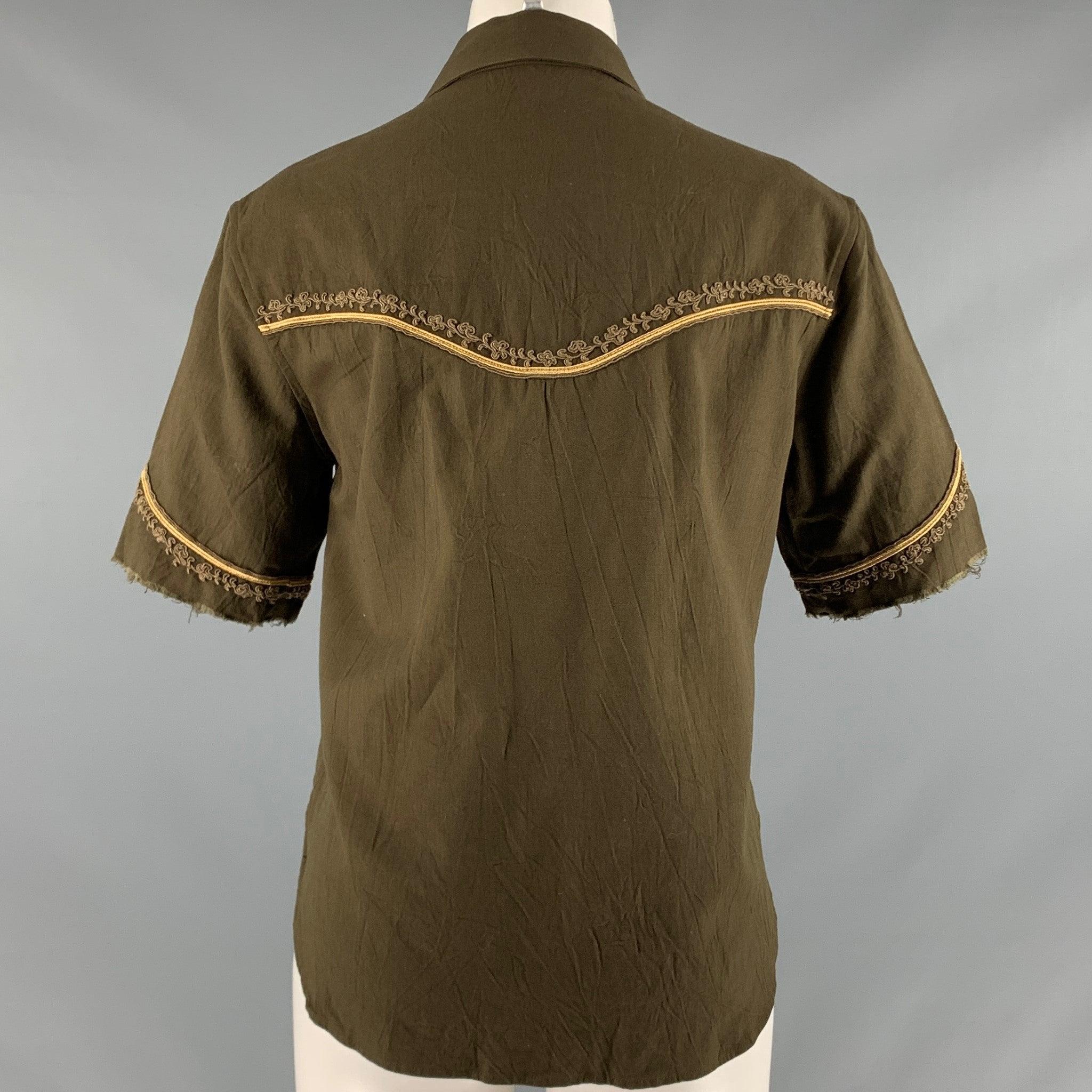 SAINT LAURENT Size 4 Green Gold Embroidered Short Sleeve Casual Top In Good Condition For Sale In San Francisco, CA