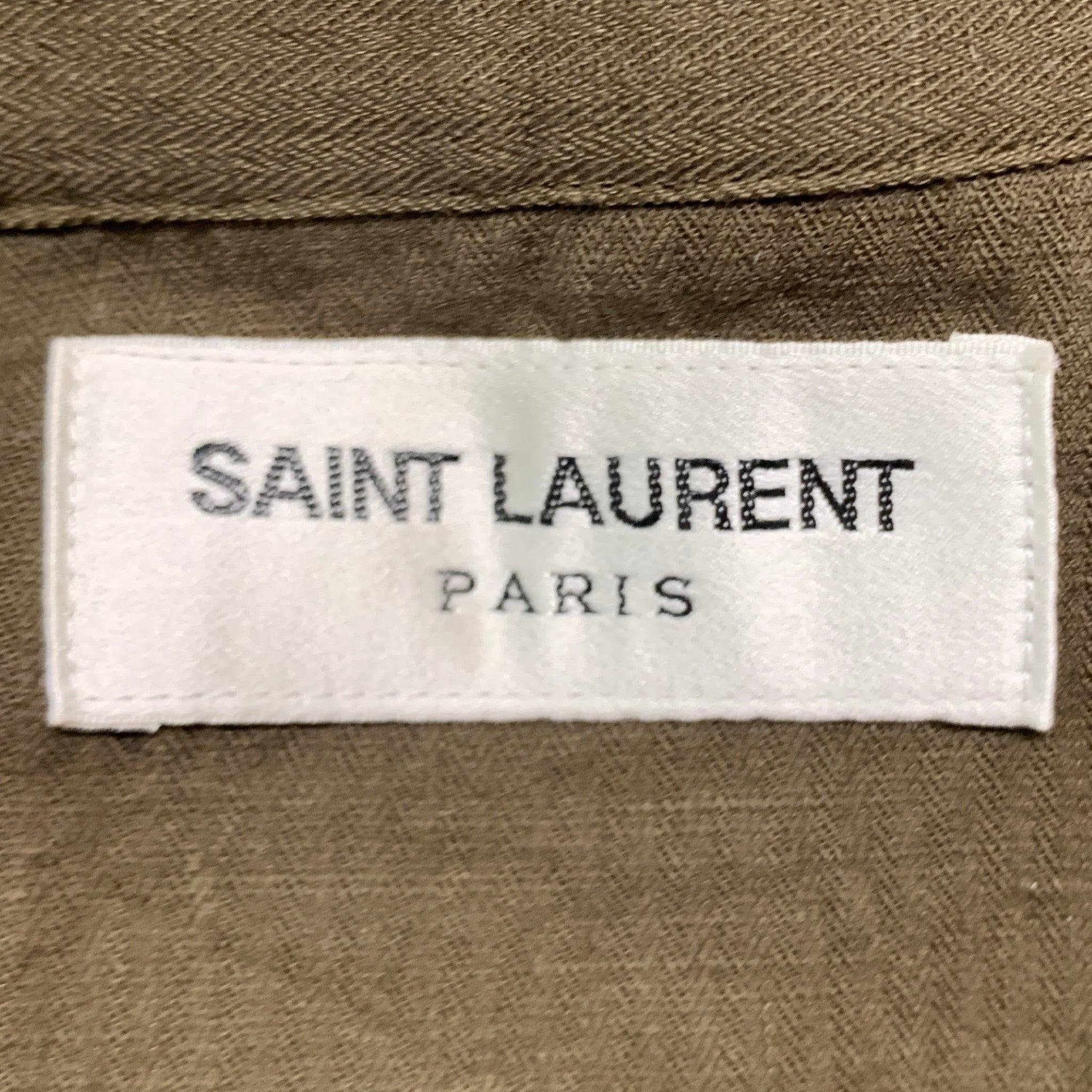SAINT LAURENT Size 4 Green Gold Embroidered Short Sleeve Casual Top For Sale 2