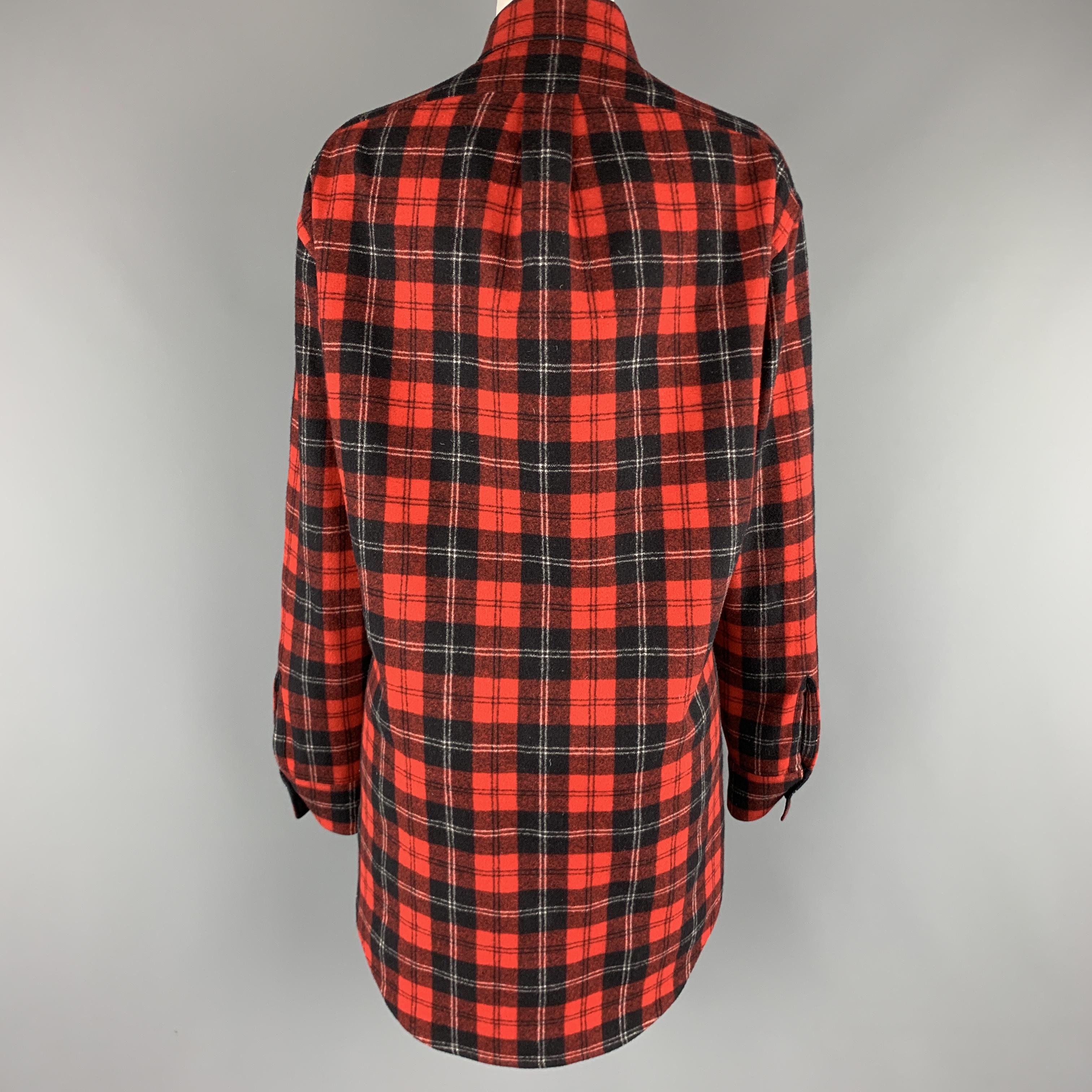 SAINT LAURENT Size 4 Red Plaid Wool Oversized Boyfriend Flannel Blouse In Excellent Condition In San Francisco, CA