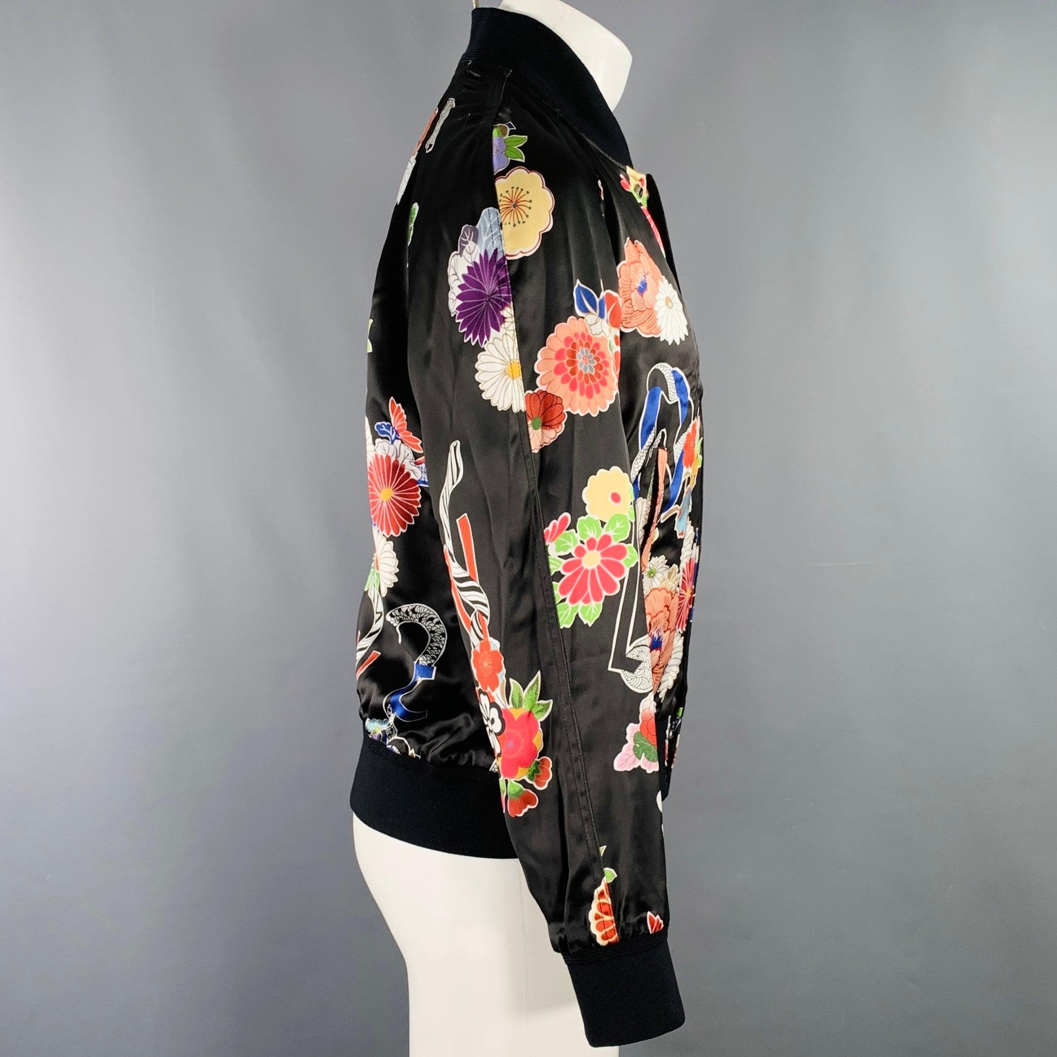 Noir Veste d'été Saint-Laurent en viscose noire à fleurs multicolores, taille 40 en vente