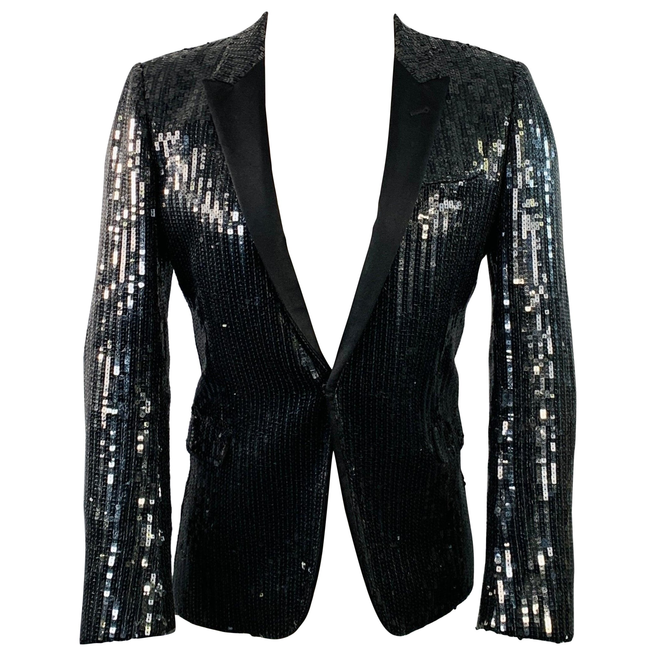 SAINT LAURENT Size 40 Black Polyester Blend Sequined Peak Lapel Sport Coat