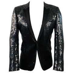 SAINT LAURENT Size 40 Black Polyester Blend Sequined Peak Lapel Sport Coat