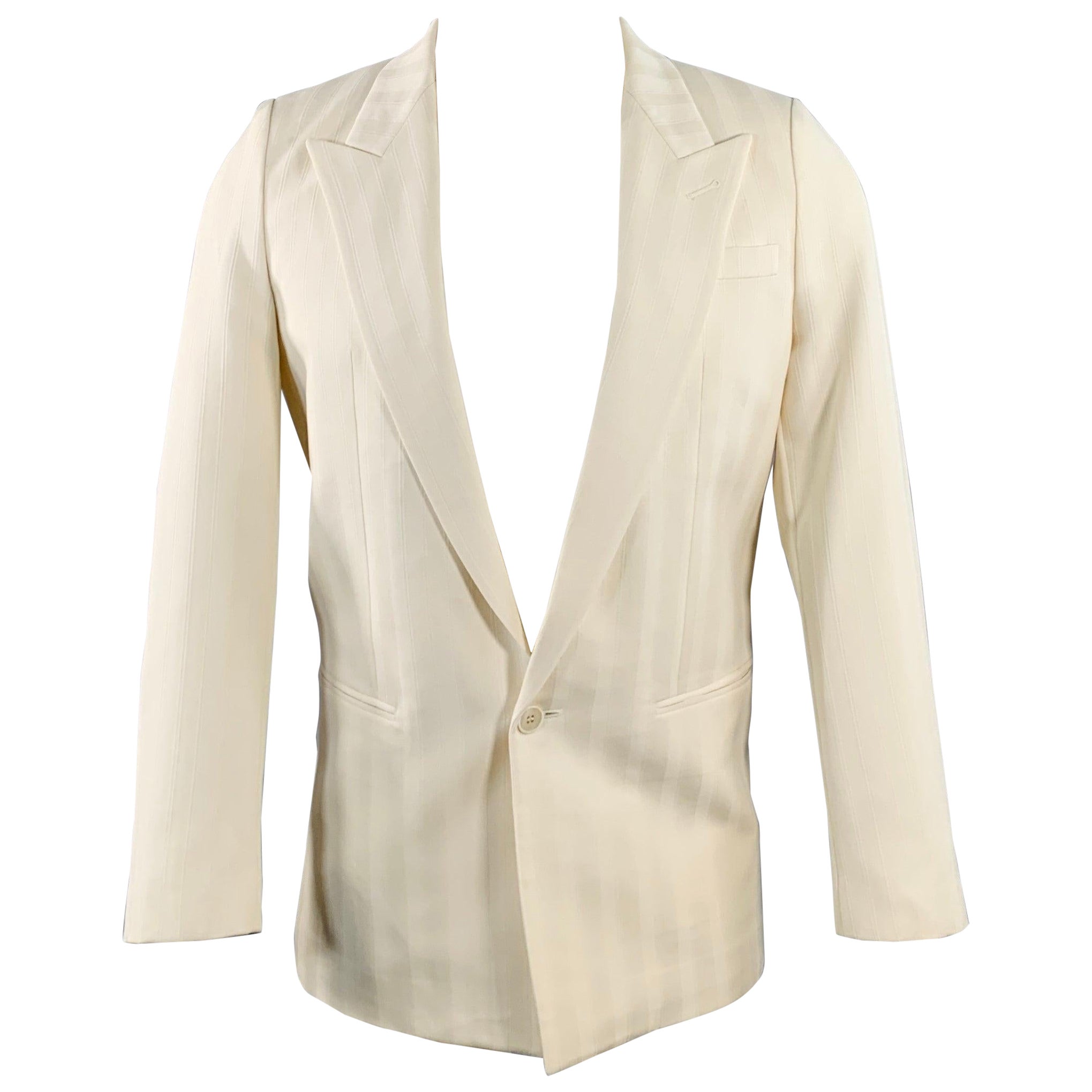 SAINT LAURENT Size 40 Regular Cream White Stripe Wool Peak Lapel Sport Coat