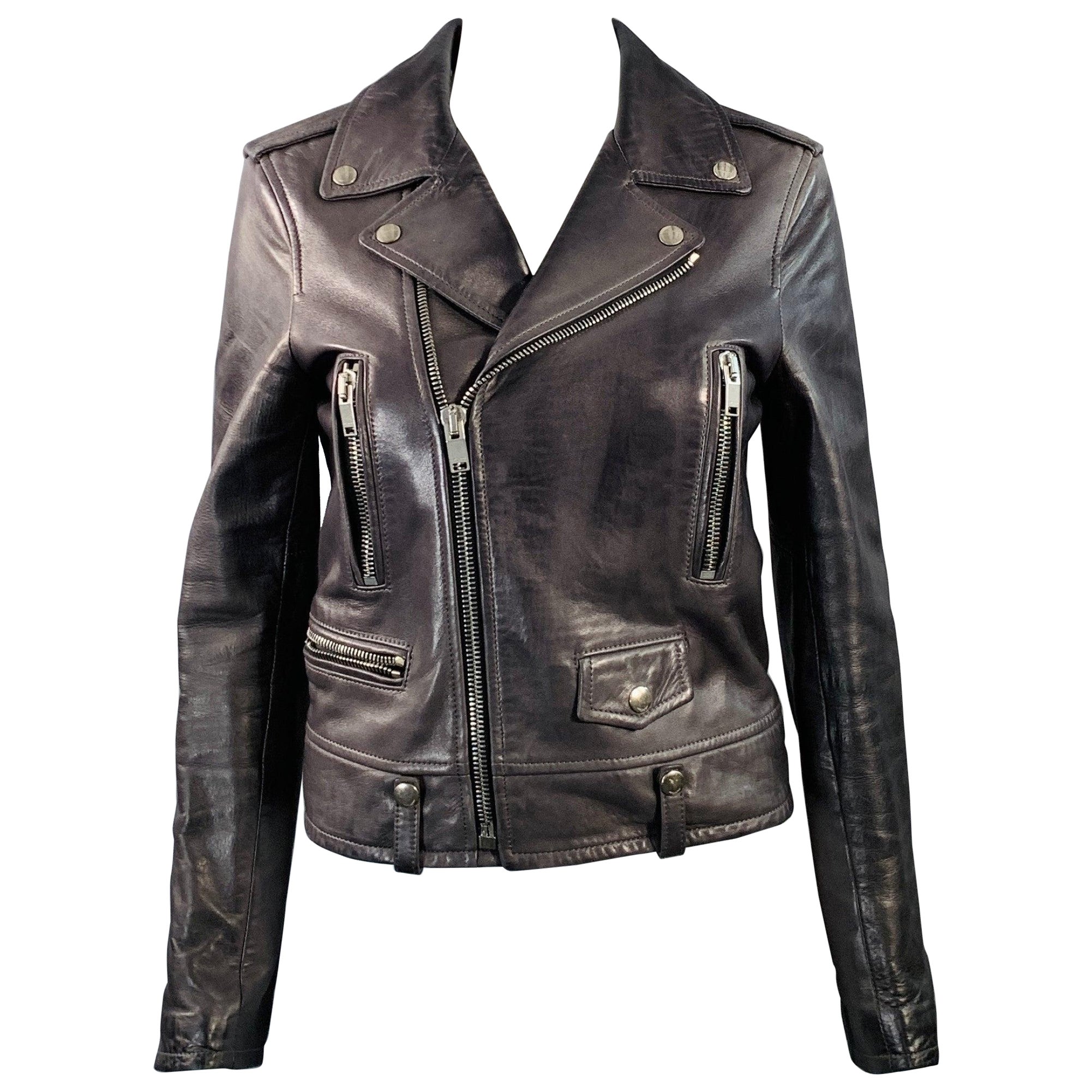 SAINT LAURENT Size 6 Pewter Grey Lambskin Leather Biker Jacket