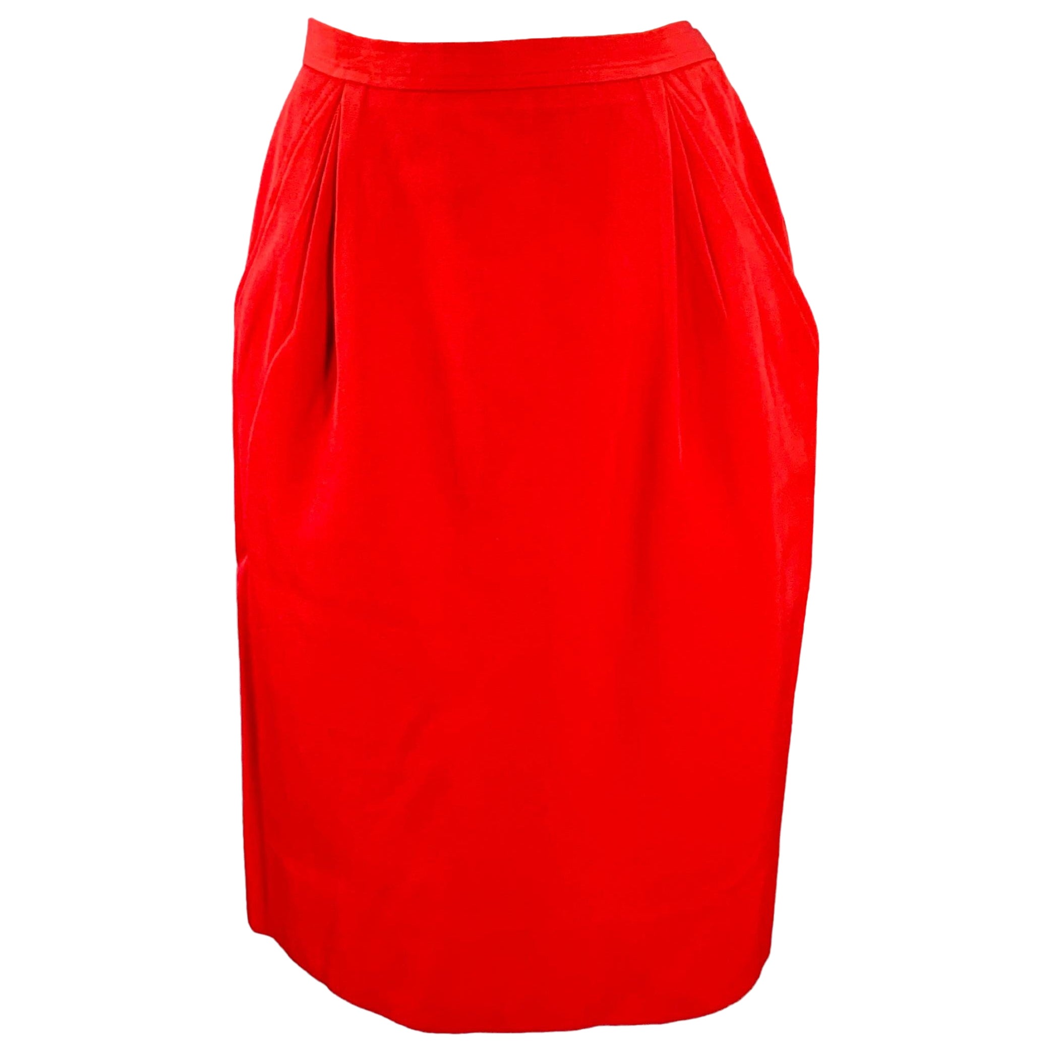 SAINT LAURENT Size 6 Red Cotton Twill Pleated Side Zipper Pencil Skirt en vente
