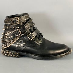 SAINT LAURENT Size 6.5 Black Studded Leather Lace-Up Belted Boots