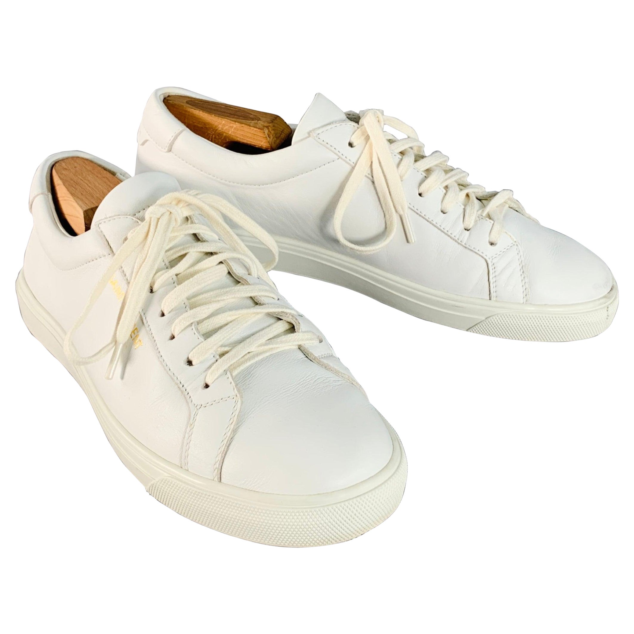 SAINT LAURENT Size 7 White Leather Logo Low Top Sneakers